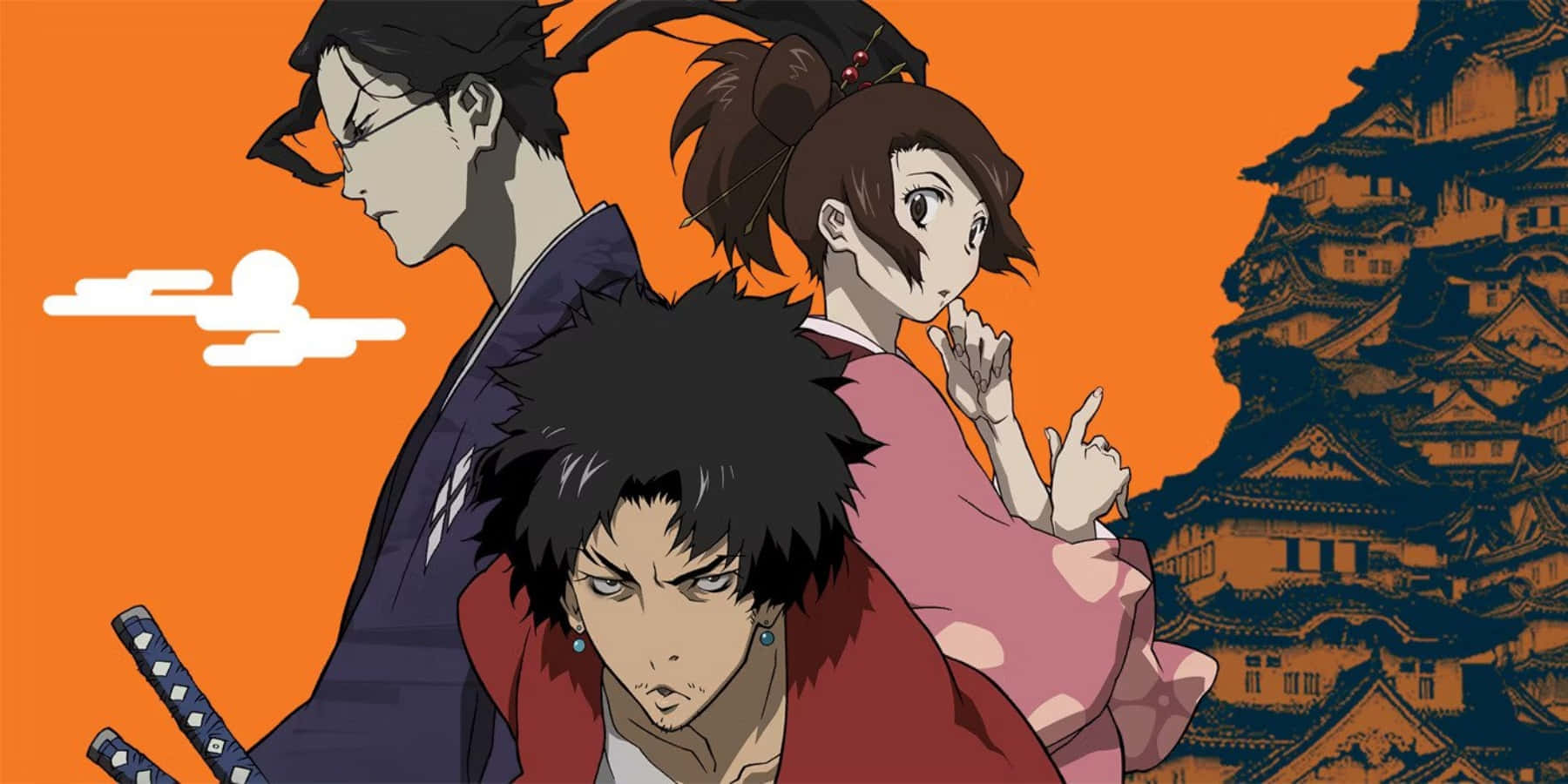 《Samurai Champloo》動畫劇照 壁紙 — 三個動漫角色站在傳統日本城堡前，背景是充滿活力的橙色日落天空。