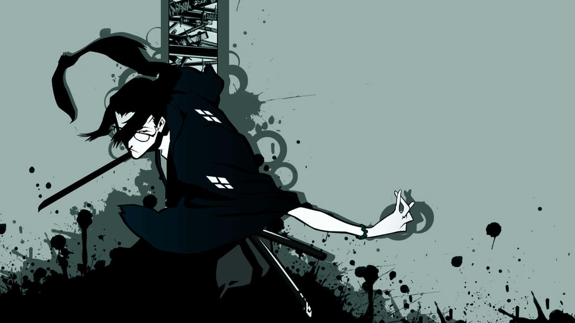《Samurai Champloo》：神秘過去即將揭曉！ 壁紙 — 一個風格化的動漫武士身穿深色長袍，在黑色墨水飛濺中向前衝刺，手持劍，背景為柔和的青綠色。
