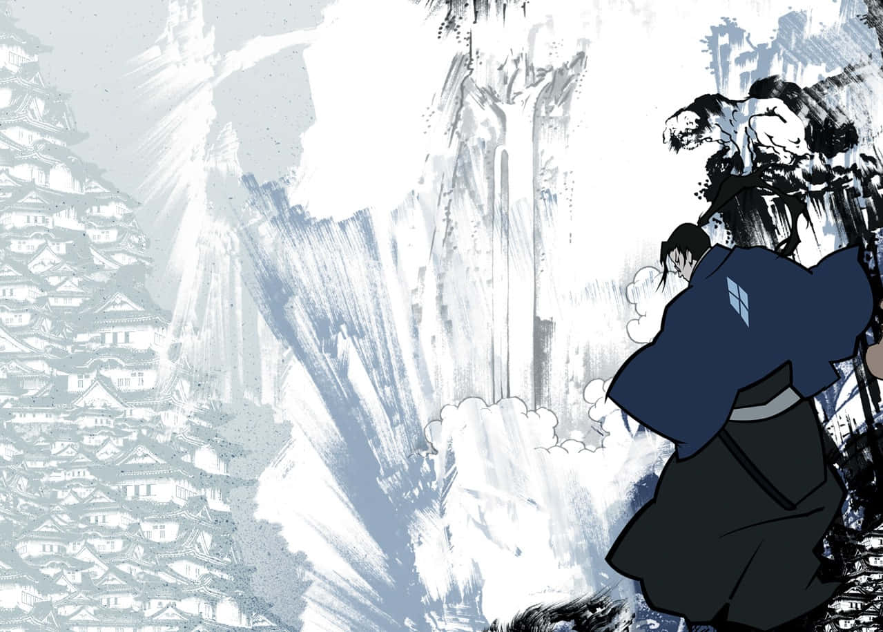 《Samurai Champloo》中的 Mugen、Fuu 與 Jin 壁紙 — 一個孤獨的武士穿著深色長袍，站在瀑布前，背後是霧濛濛的單色傳統日本村莊。
