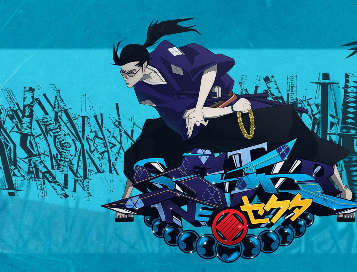 《Samurai Champloo》中的無幻與神 壁紙 — 一位身穿紫色和服的動感動漫武士，在風格化的藍色戰場中手持武士刀向前躍進。