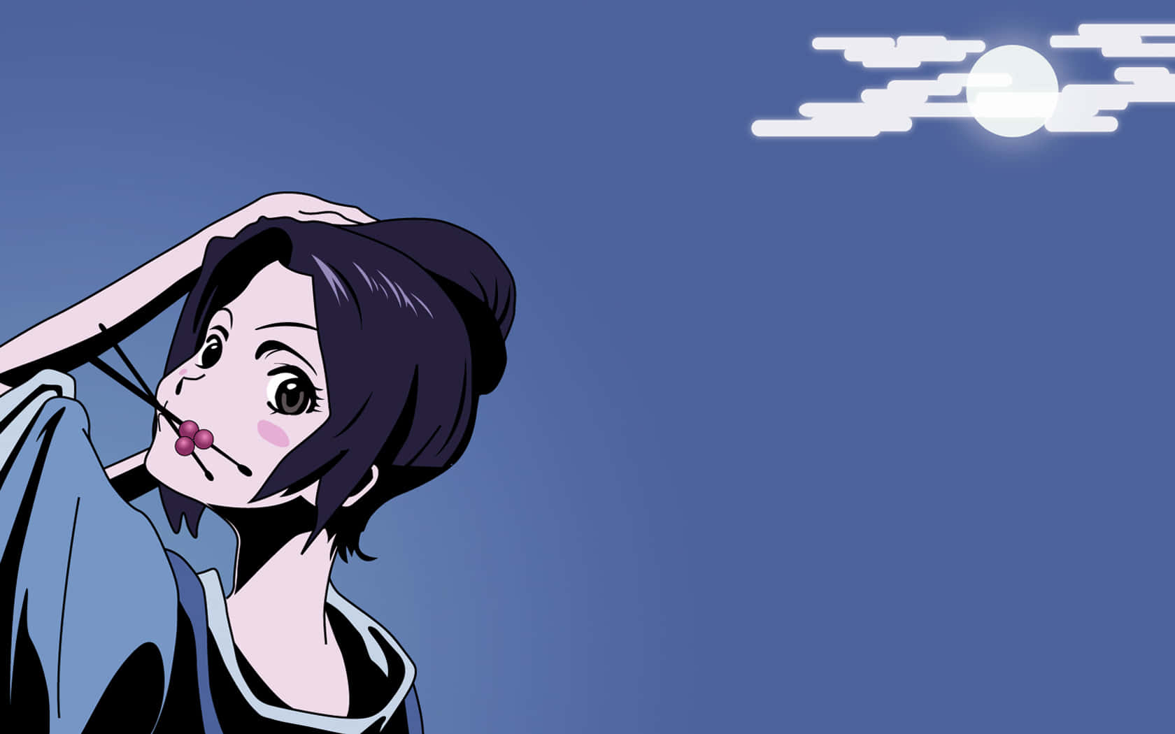 《Samurai Champloo》中的無限與金穿越江戶時代日本 壁紙 — 深色頭髮、粉紅色吹嘴的動漫女孩在藍天白雲和月亮下向上凝視。