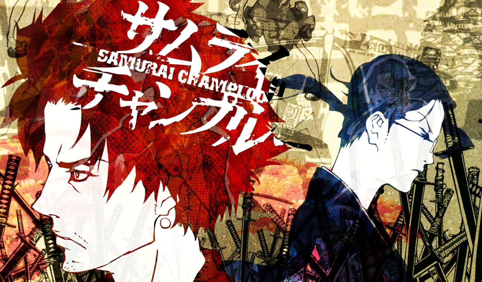 《Samurai Champloo》藝術作品：無限與金對戰 壁紙 — 兩位動畫武士戰士在帶有日文字句和劍圖案的熾熱紅橙色背景下對峙。
