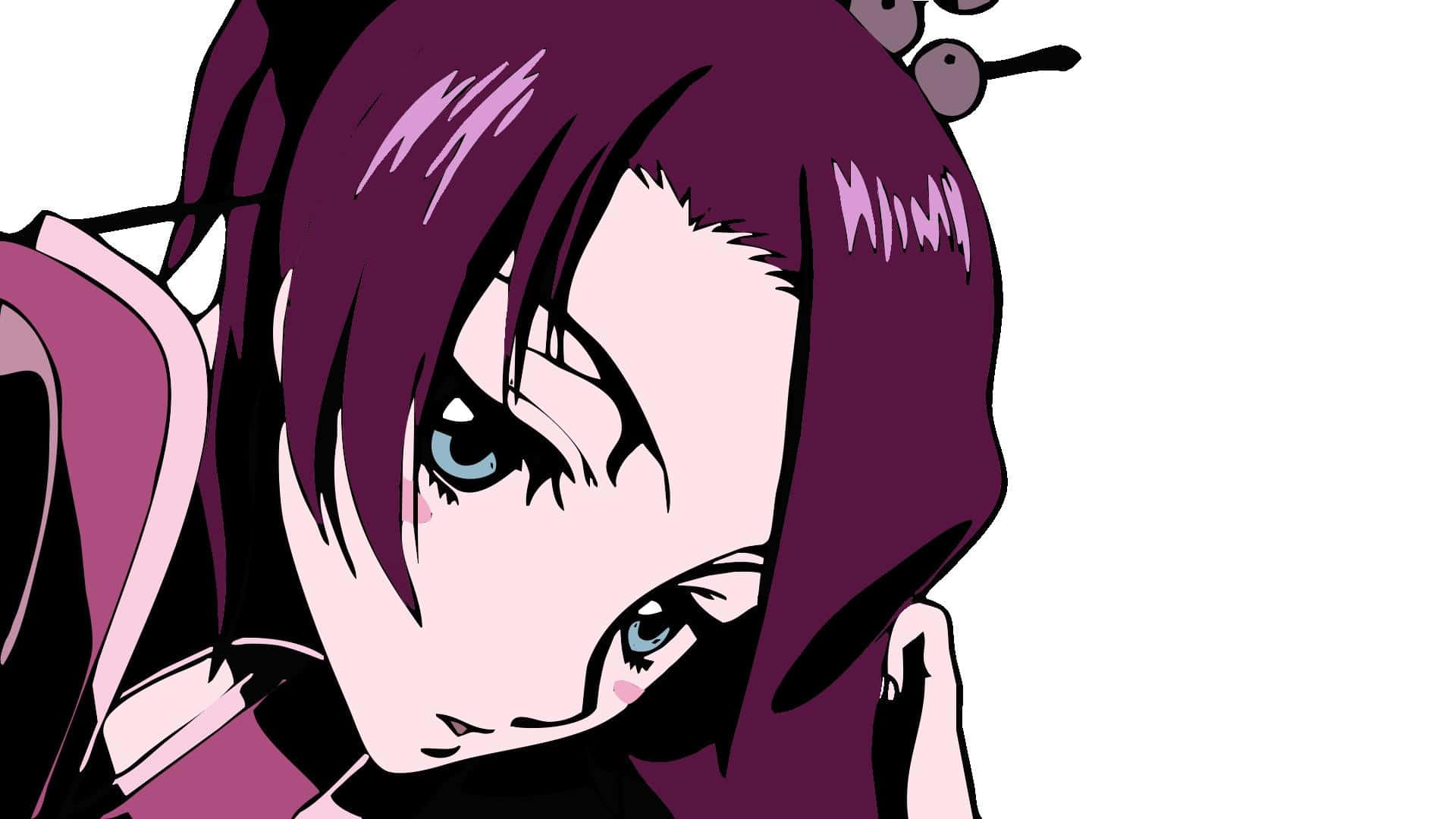 《Samurai Champloo》中 Mugen 與 Jin 的劍鬥 壁紙 — 一個紫髮藍眼動漫女孩的特寫，帶著沉思的表情向下凝視。