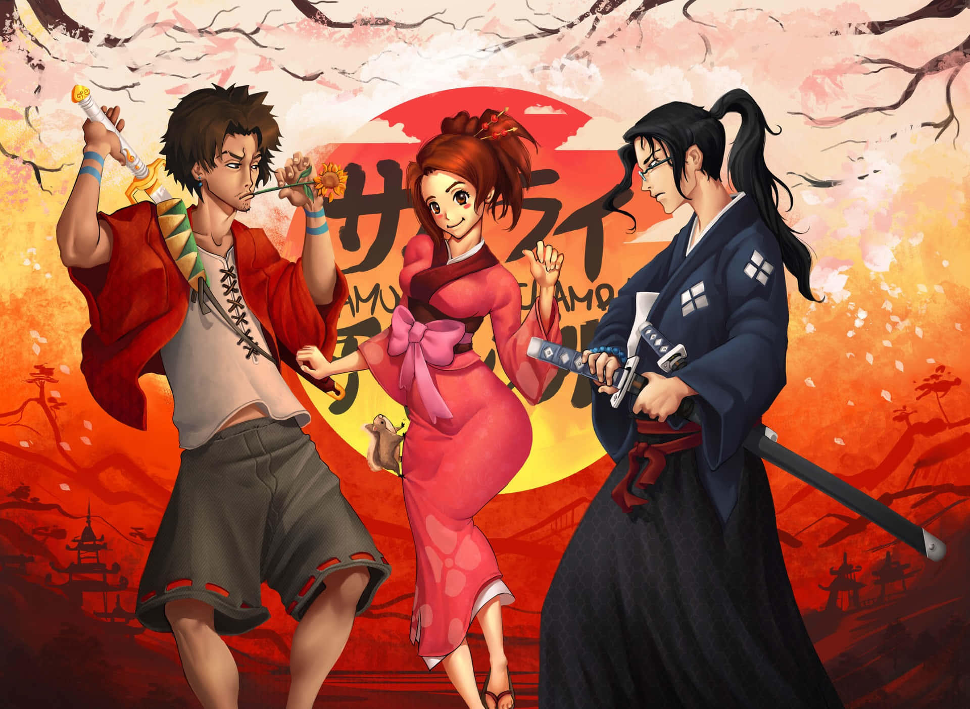 《Samurai Champloo》：中世紀日本的風光 壁紙 — 三個動漫角色在火紅的夕陽背景下，伴隨著櫻花和日文字，動感地擺出姿勢。