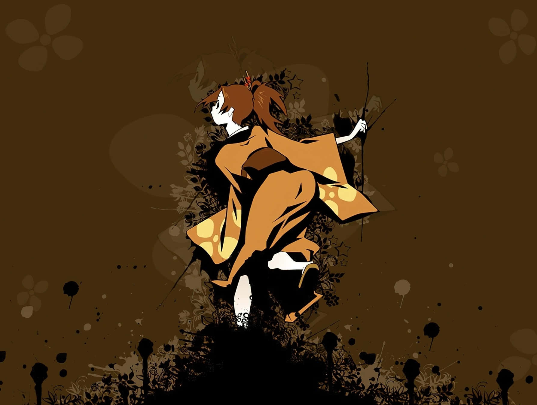 《Samurai Champloo》主角：無限、金與風 壁紙 — 一個風格化的動漫女孩穿著飄逸的橙色和服，在帶有花卉圖案和墨水飛濺的紋理棕色背景上動態跳躍。