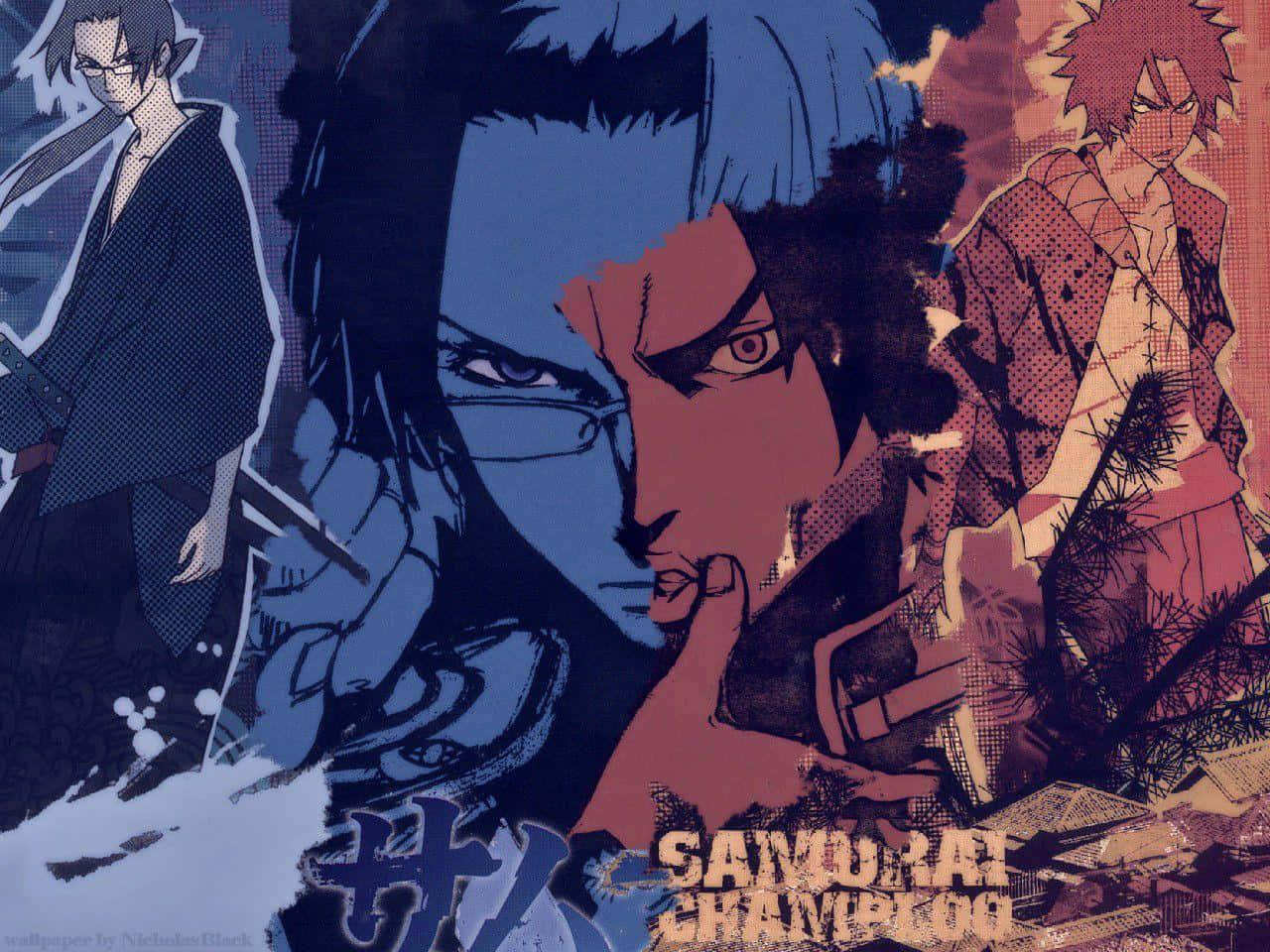 《Samurai Champloo》中的無幻、神與風 壁紙 — 一幅風格化的動漫拼貼畫，描繪三位武士，採用戲劇性的藍色和紅色色調，帶有粗線條和半色調紋理。