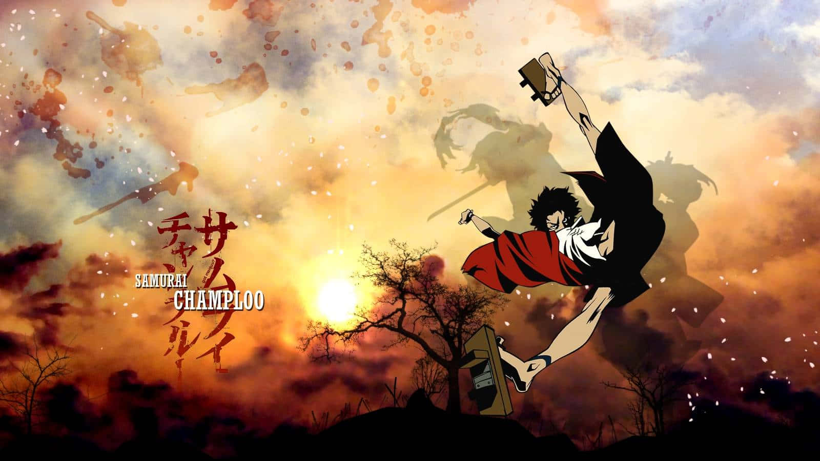 《Samurai Champloo》中的金、無限與風 壁紙 — 一名武士在熾熱的日落天空背景下動態躍起，伴隨著漂浮的武器和風格化的雲朵。