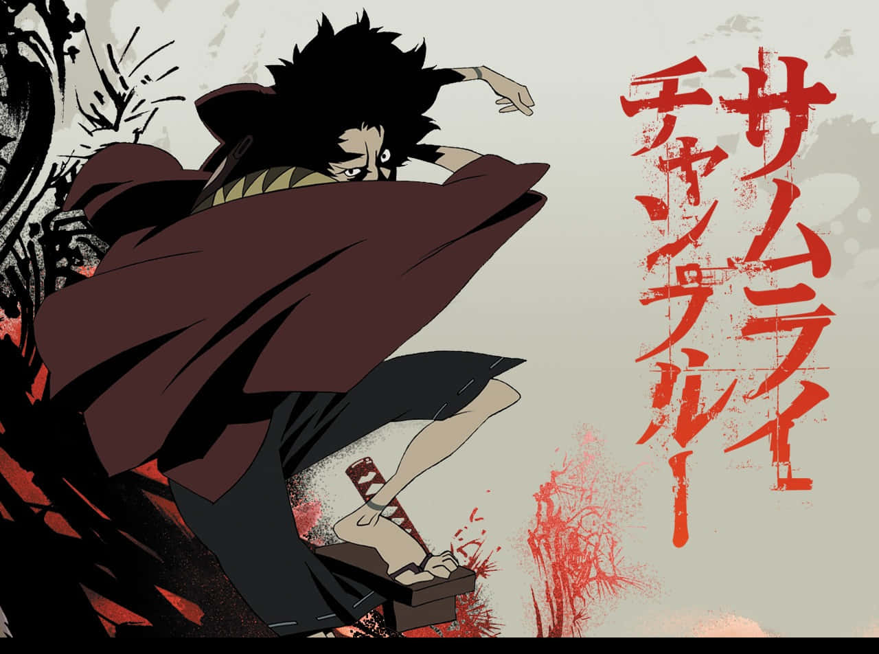 《Samurai Champloo》中的強大組合：風與無幻 壁紙 — 一位充滿動感的動漫戰士，擁有尖刺黑髮和飄逸的紅色斗篷，在濺灑的紅色墨水和日文字句中向前衝刺。