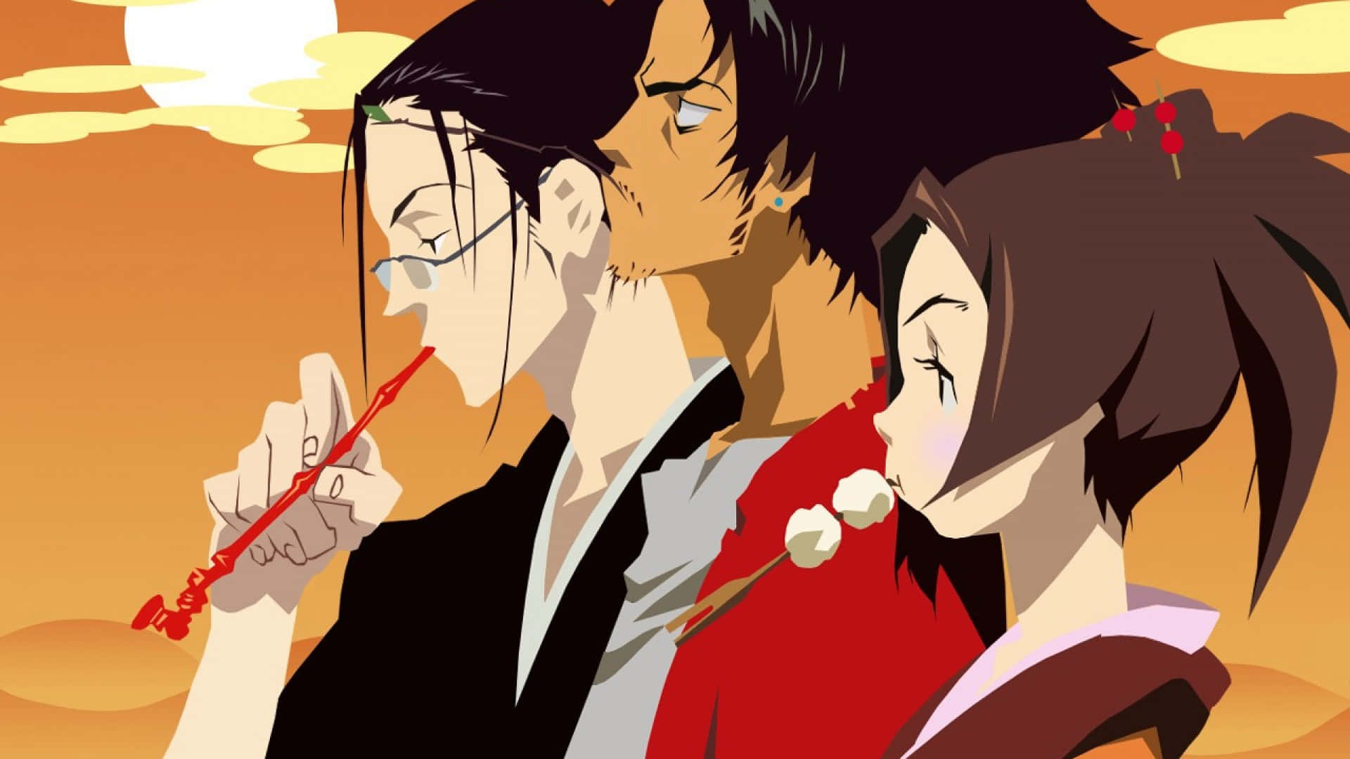 《Samurai Champloo》中 Mugen 與 Jin 的激烈對戰 壁紙 — 三個穿著傳統服飾的動漫角色在櫻花和紅色點綴下共享溫暖的日落時刻。