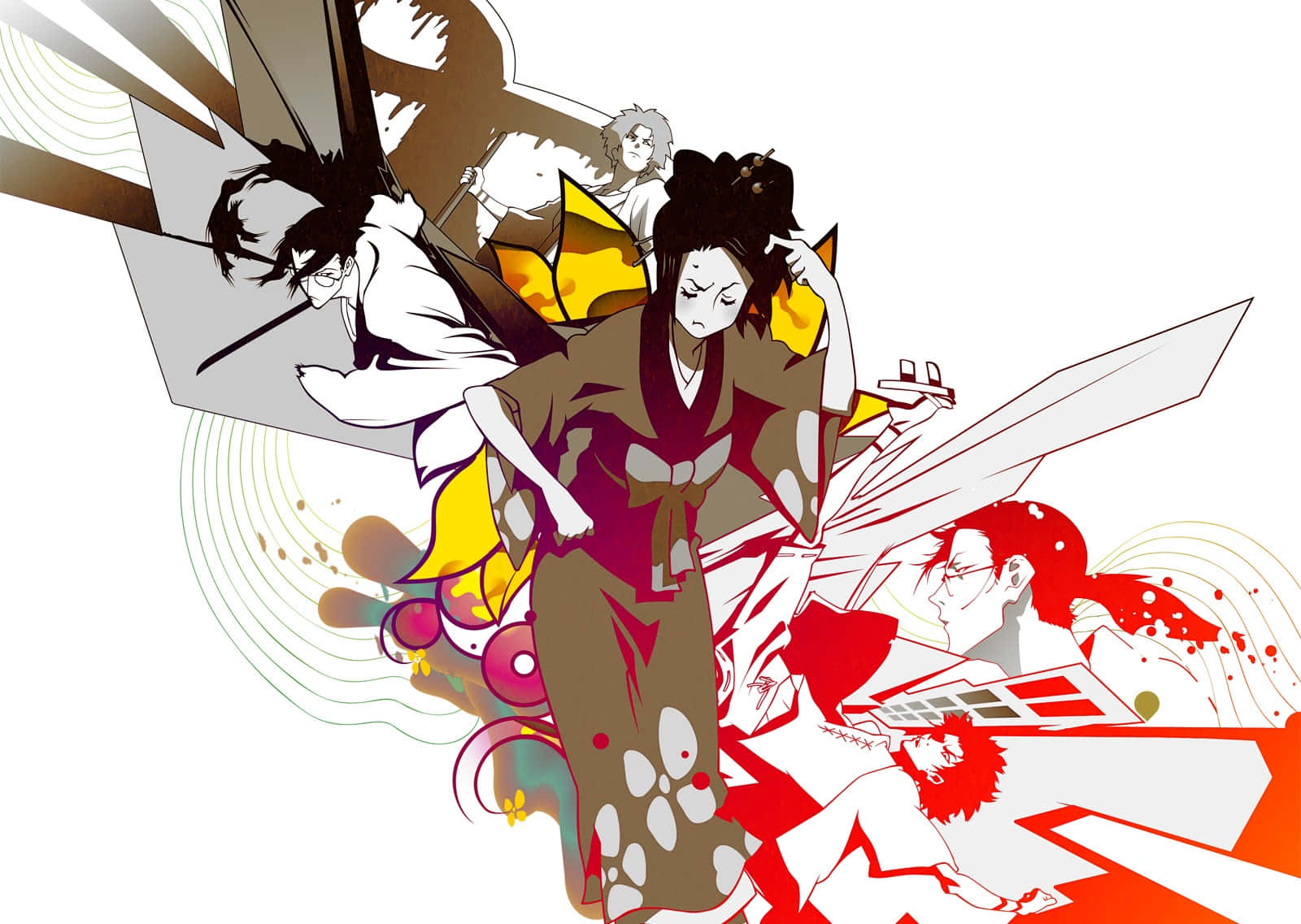 《Samurai Champloo》中兩位武士劍鋒相向 壁紙 — 動態動漫角色穿著傳統日本服飾，以大膽的紅色、黃色和白色在風格化的動作場景中碰撞。