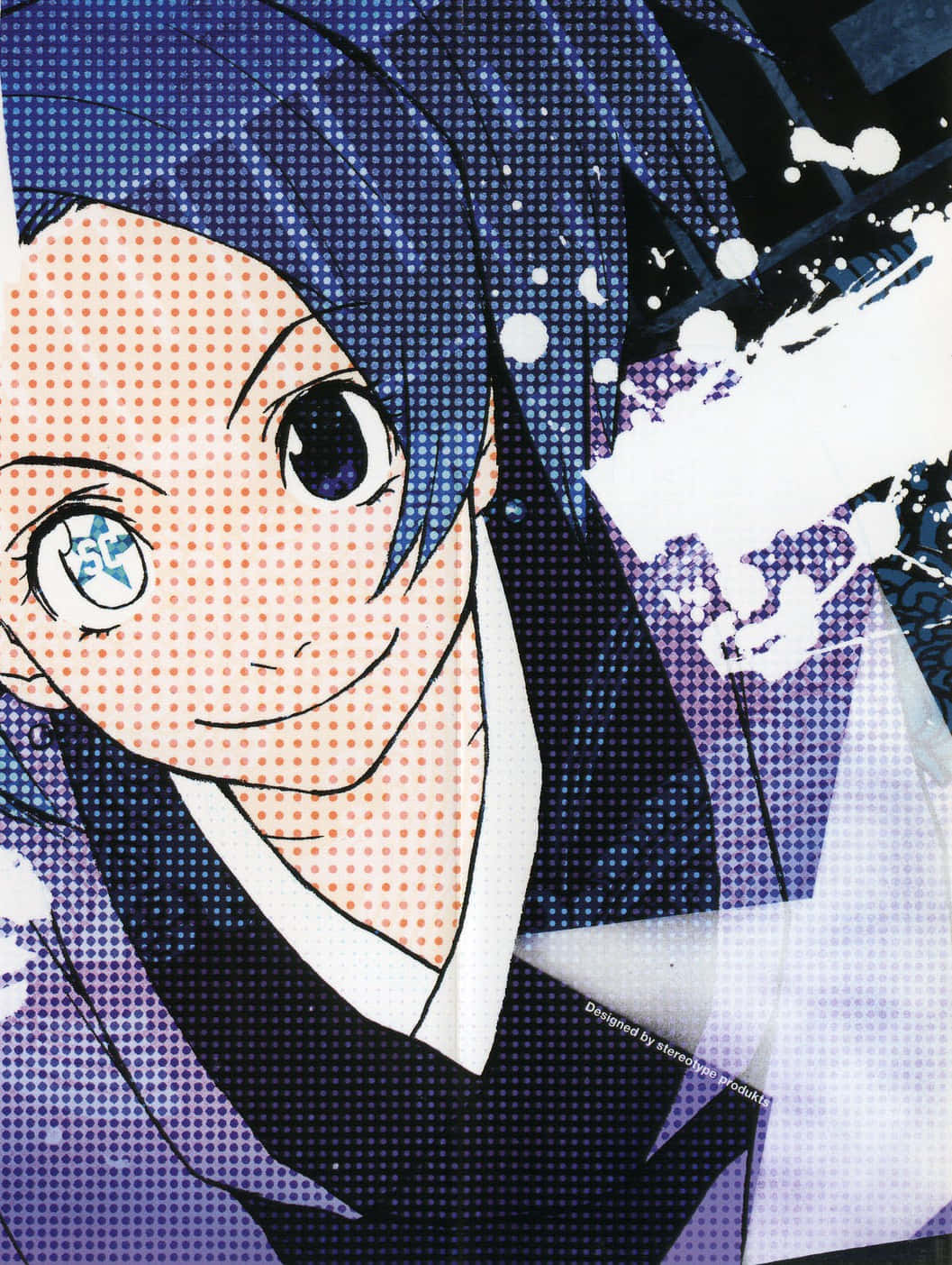 @samurai_champloo - 原創武士動畫製作團隊 壁紙 — 藍髮藍眼的動漫角色在帶有白色油漆飛濺的半色調背景前微笑。