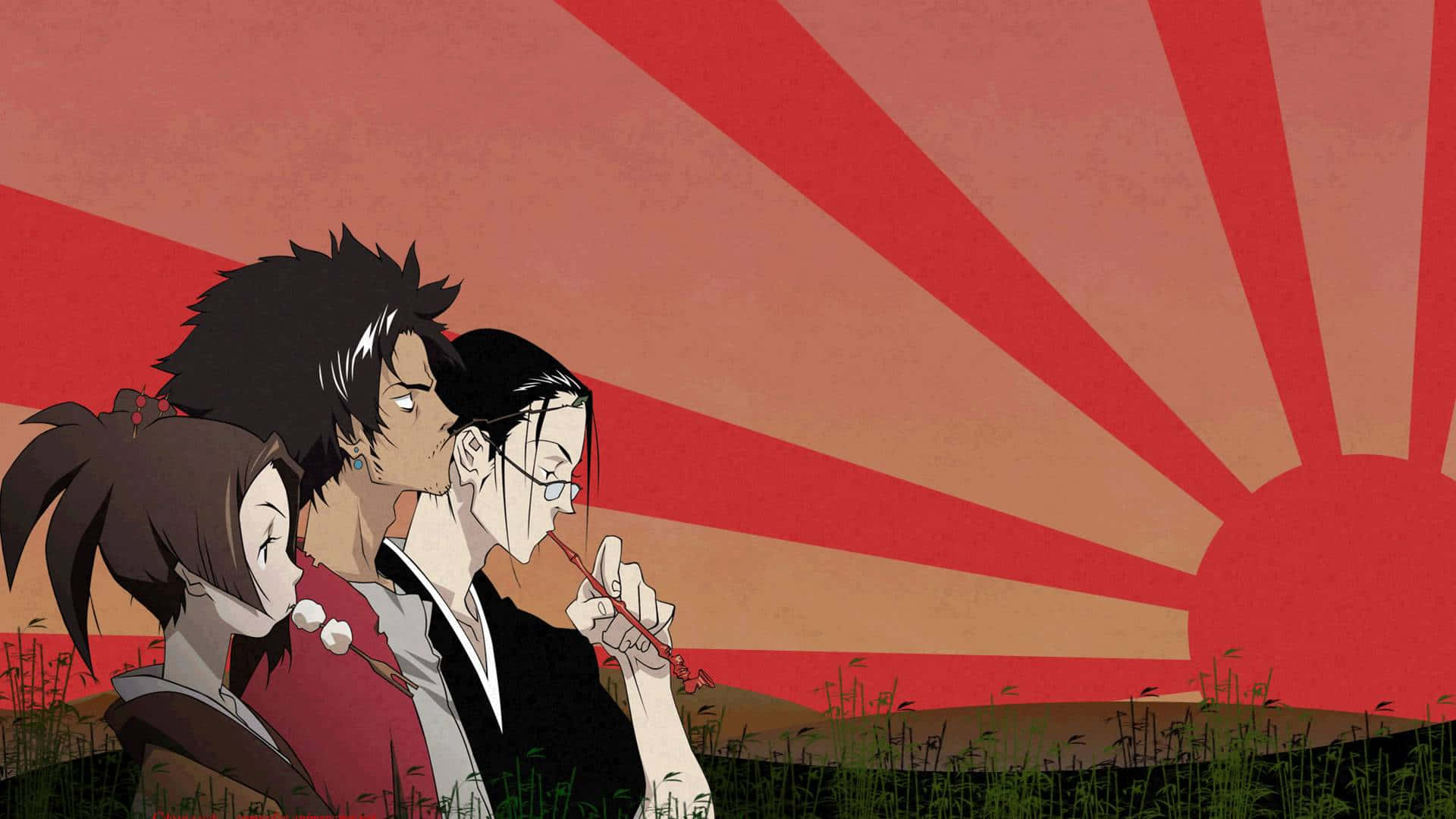 《Samurai Champloo》：無幻、劍心與風 壁紙 — 三個動漫角色以剪影形式站立，背景是充滿活力的紅色太陽爆發天空，下方有草地。