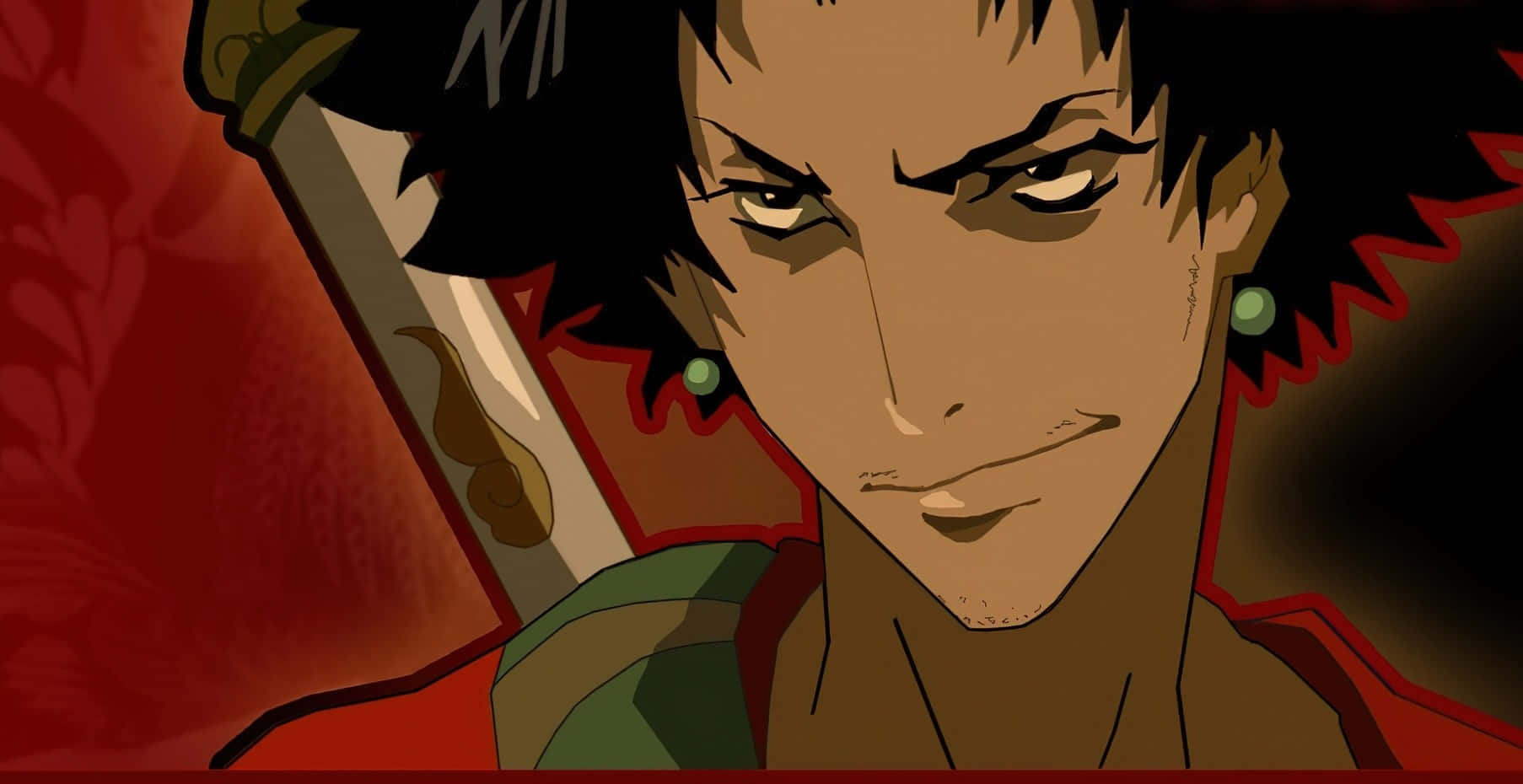 《Samurai Champloo》中的無限、金與風 壁紙 — 一位兇猛的動漫戰士，黑髮綠耳環，在火紅背景下握劍。