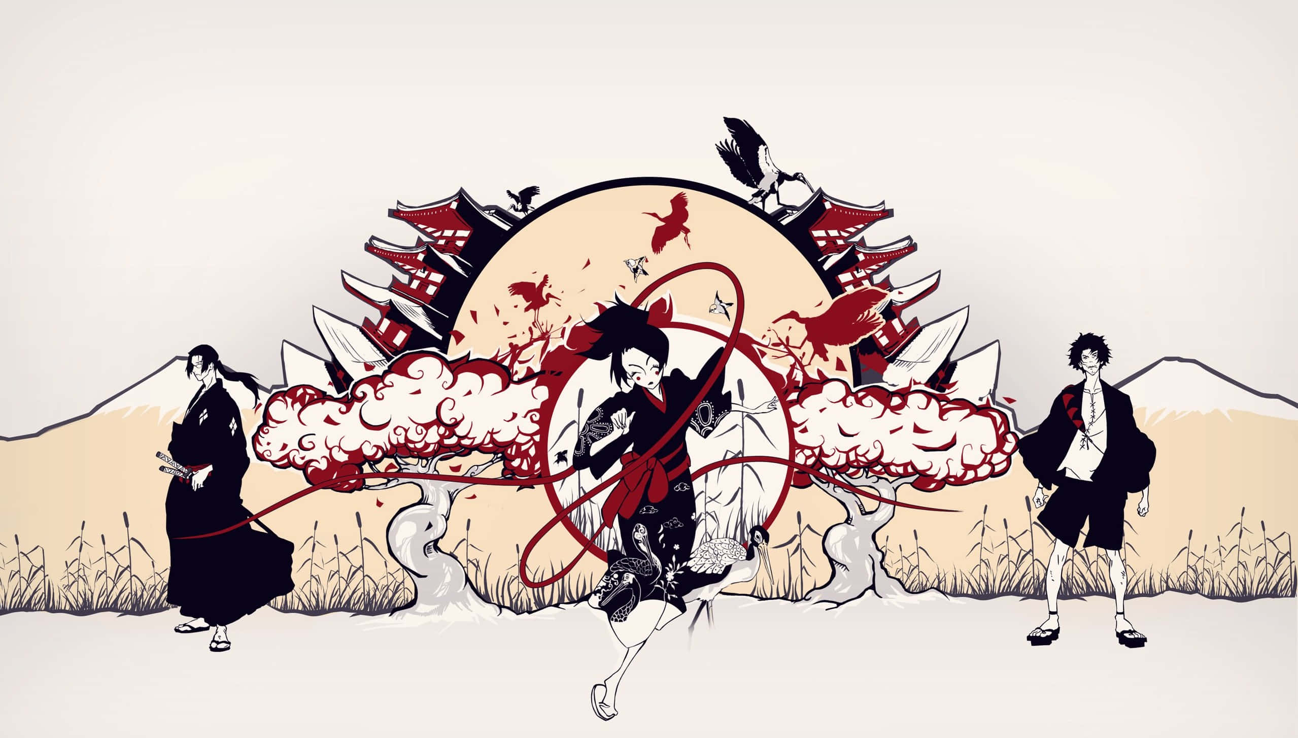 《Samurai Champloo》展現劍術的無上力量 壁紙 — 三位動畫風格武士戰士站在一個風格化的太陽前，伴隨著紅色櫻花和傳統日本建築。