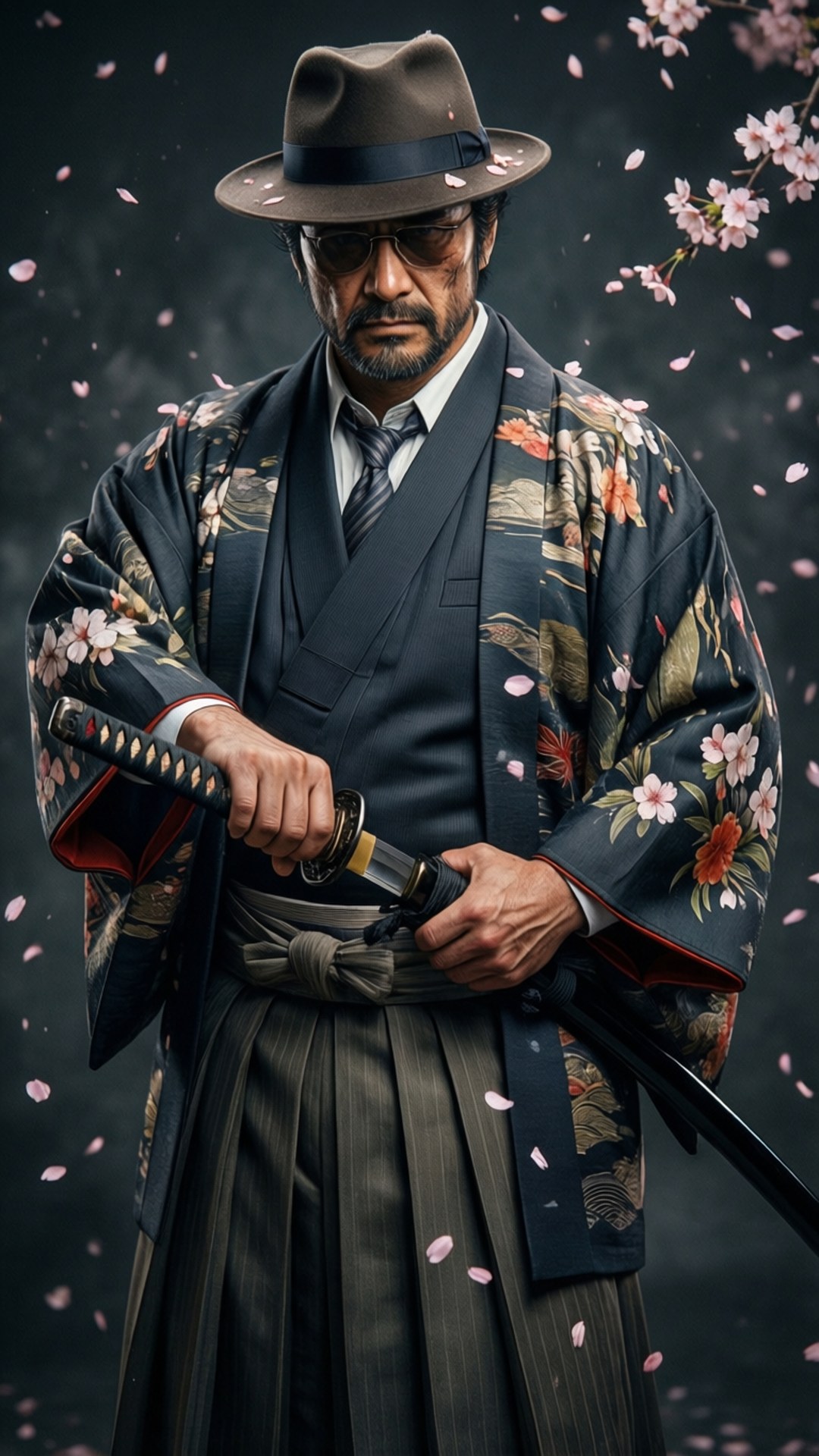 一名身穿花卉和服、戴著軟呢帽的男子，櫻花飄落，手持武士刀。