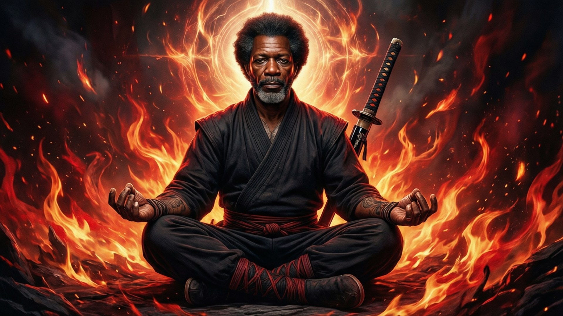 一名身穿黑色長袍的男子在火焰包圍下平靜地冥想，身旁放著一把武士刀。