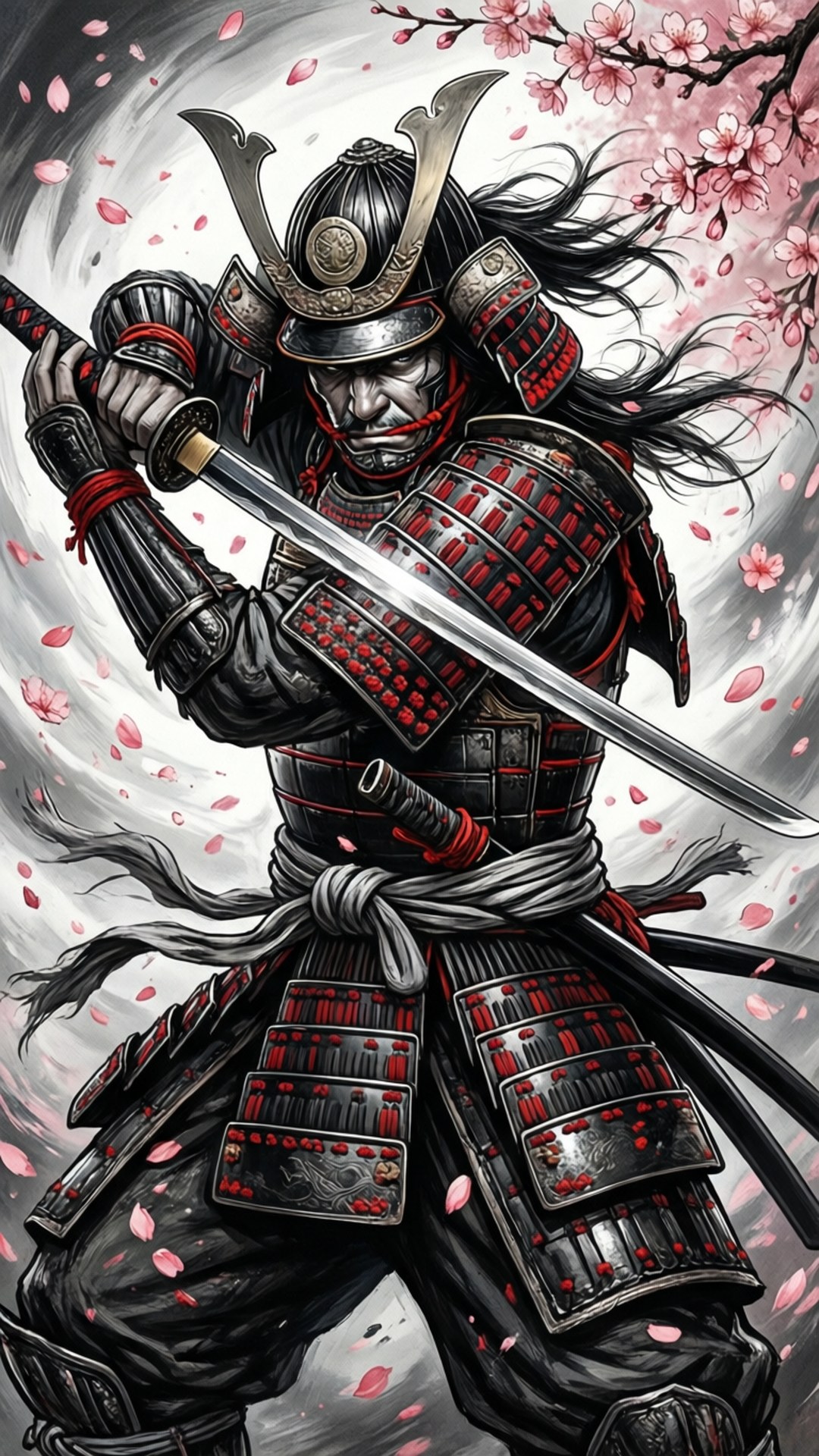 身穿黑紅鎧甲的武士手持劍，周圍環繞著飄落的櫻花和暴風雲。