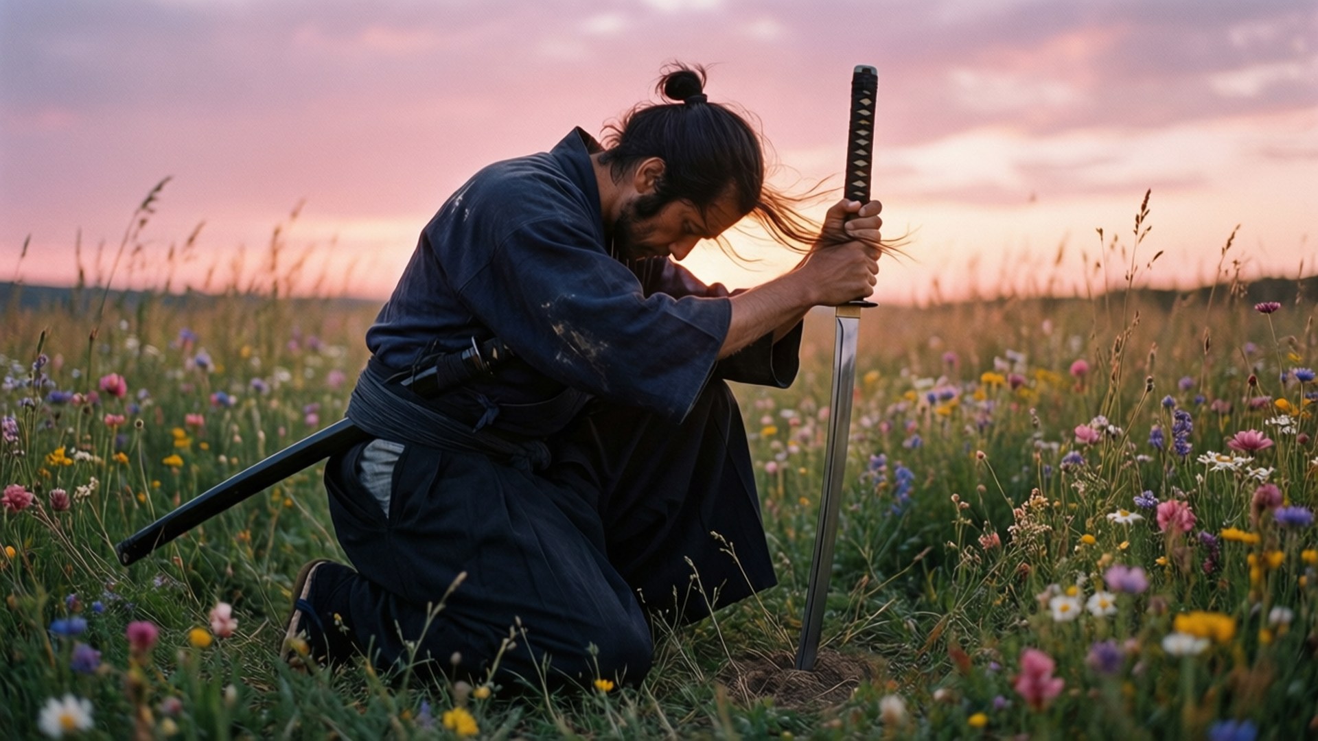 Ronin 桌布 壁紙 — 一位武士在日落時分跪在野花田中，靜靜地握著他的劍沉思。