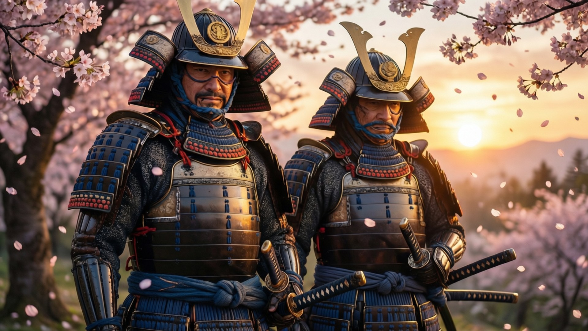 兩名身穿鎧甲的武士在金色夕陽下站在櫻花樹下。