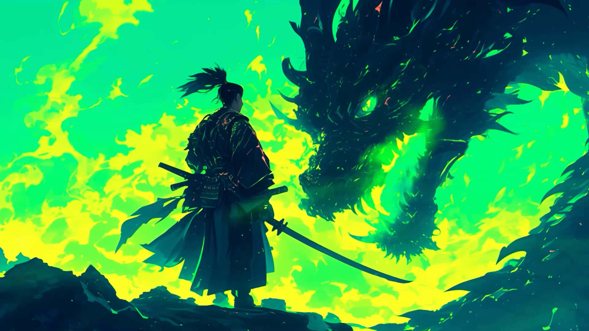  壁紙 — 一位孤獨的武士挑釁地站在懸崖上，面對著一條巨大的發光綠色巨龍，背景是熾熱的霓虹天空。