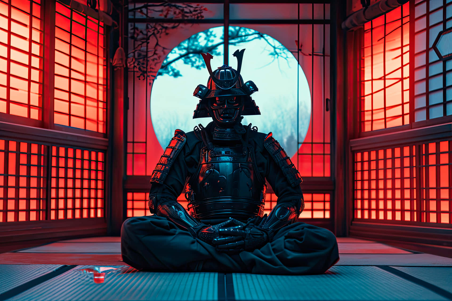 身穿黑色盔甲的武士在傳統日式房間的榻榻米地板上冥想，紅色障子屏風和月亮可見