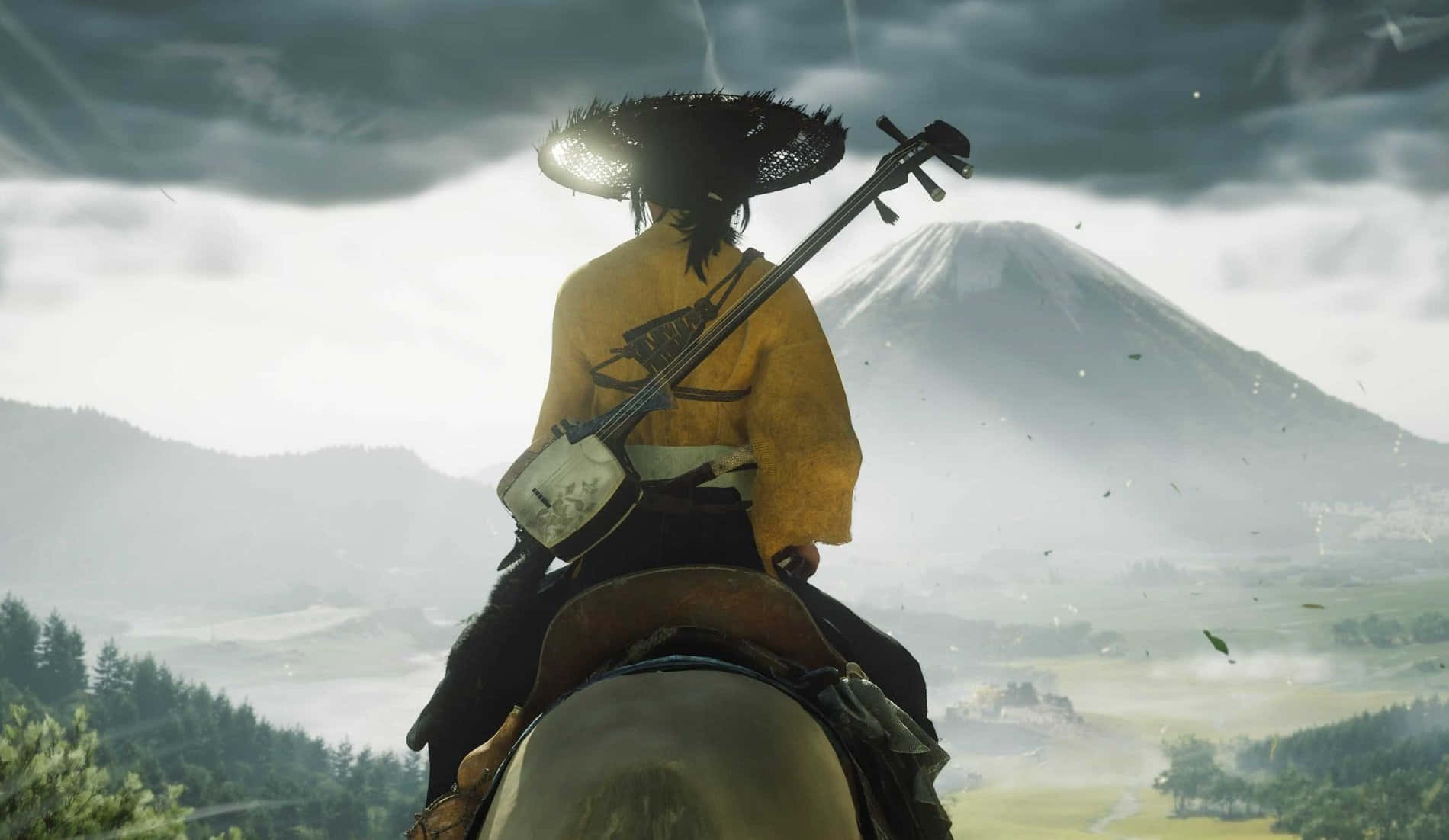  壁紙 — 一名騎馬的武士在風暴天空下以富士山為背景彈奏三味線。