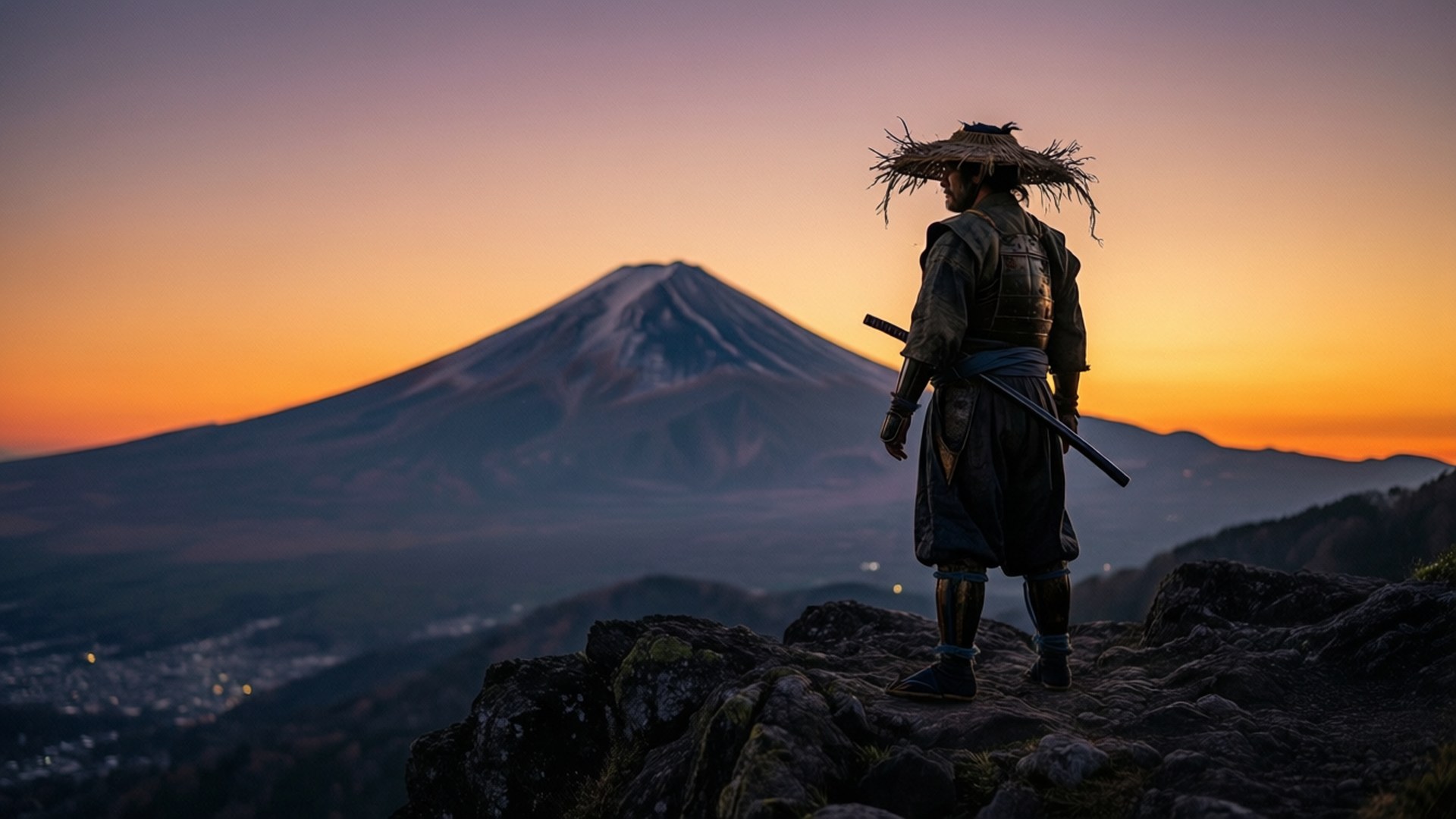 Ronin 桌布 壁紙 — 一個孤獨的武士戴著草帽，在日落時分站在岩石峭壁上，凝視著雄偉的雪覆蓋的富士山。