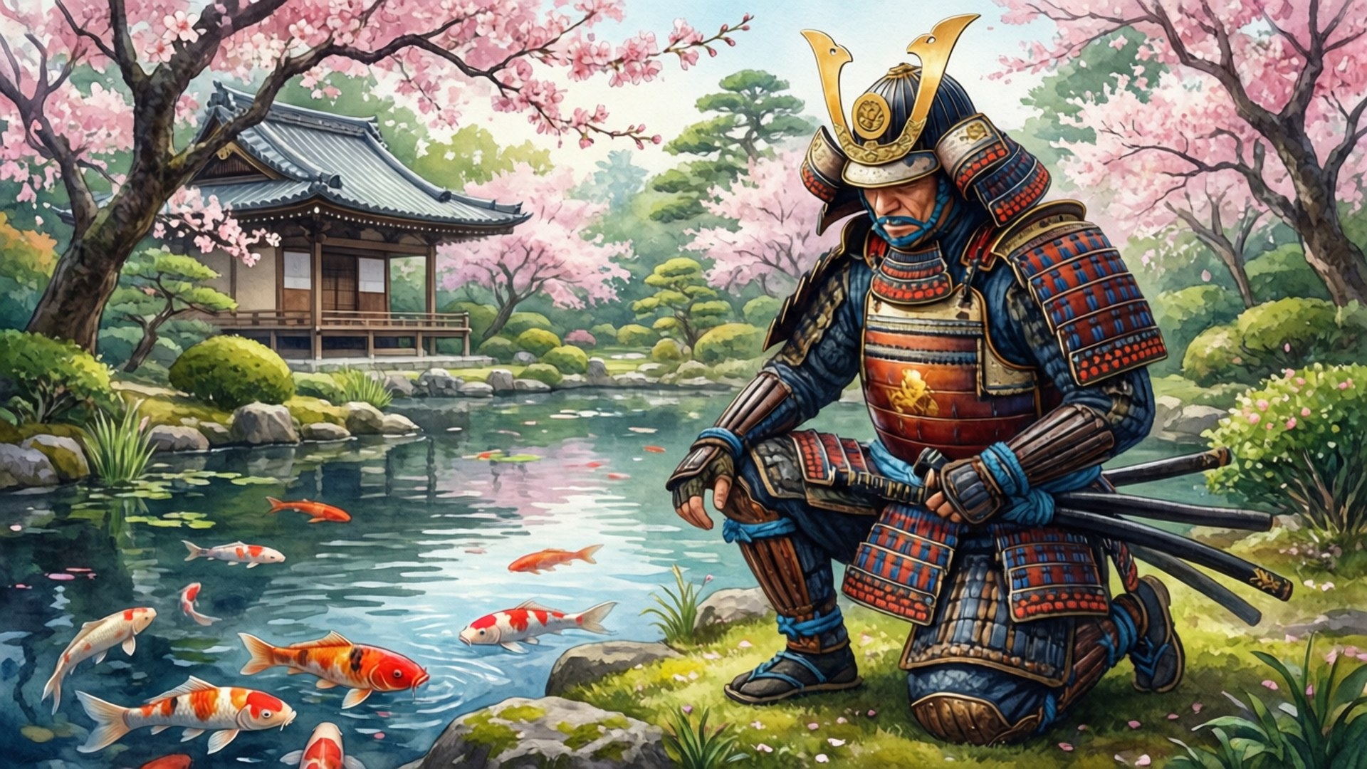 身穿全套盔甲的武士跪在櫻花下一個有錦鯉的池塘旁。