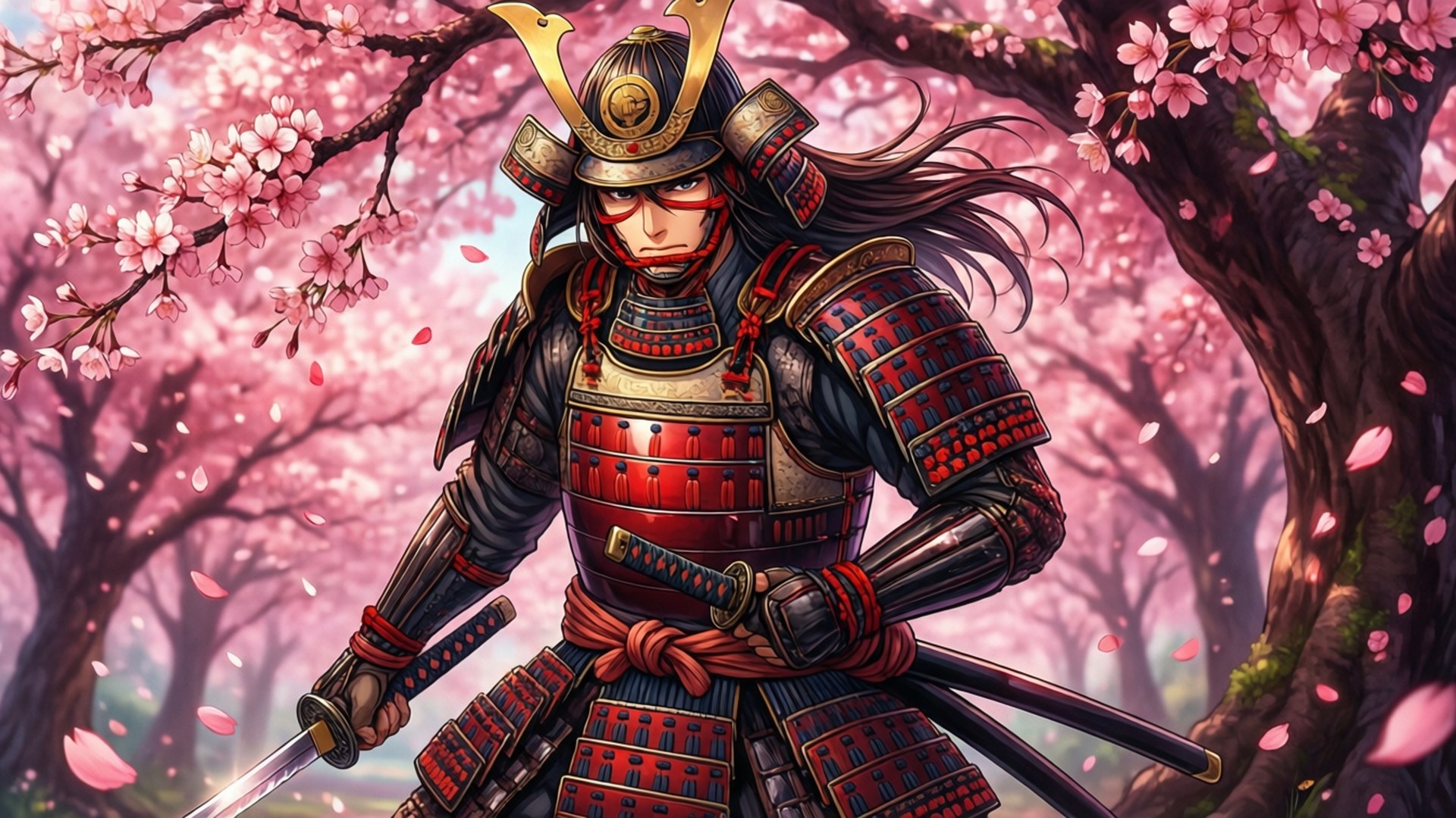 身穿紅黑盔甲的武士在櫻花樹下持劍。
