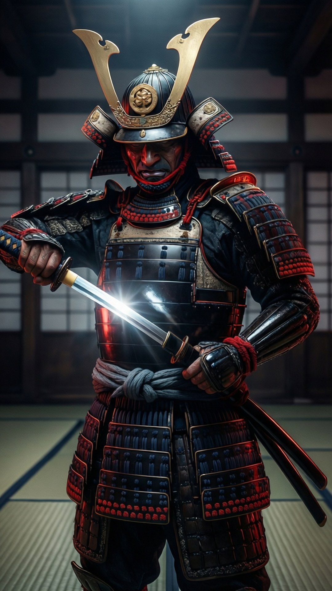 身穿精細盔甲的武士在木製道場中手持武士刀