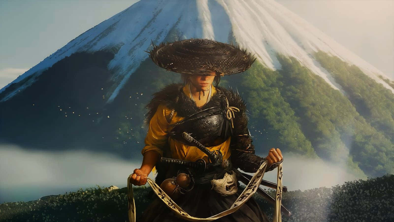  壁紙 — 一位身穿傳統裝備的武士站在白雪覆蓋的山前，下方有霧氣盤旋。