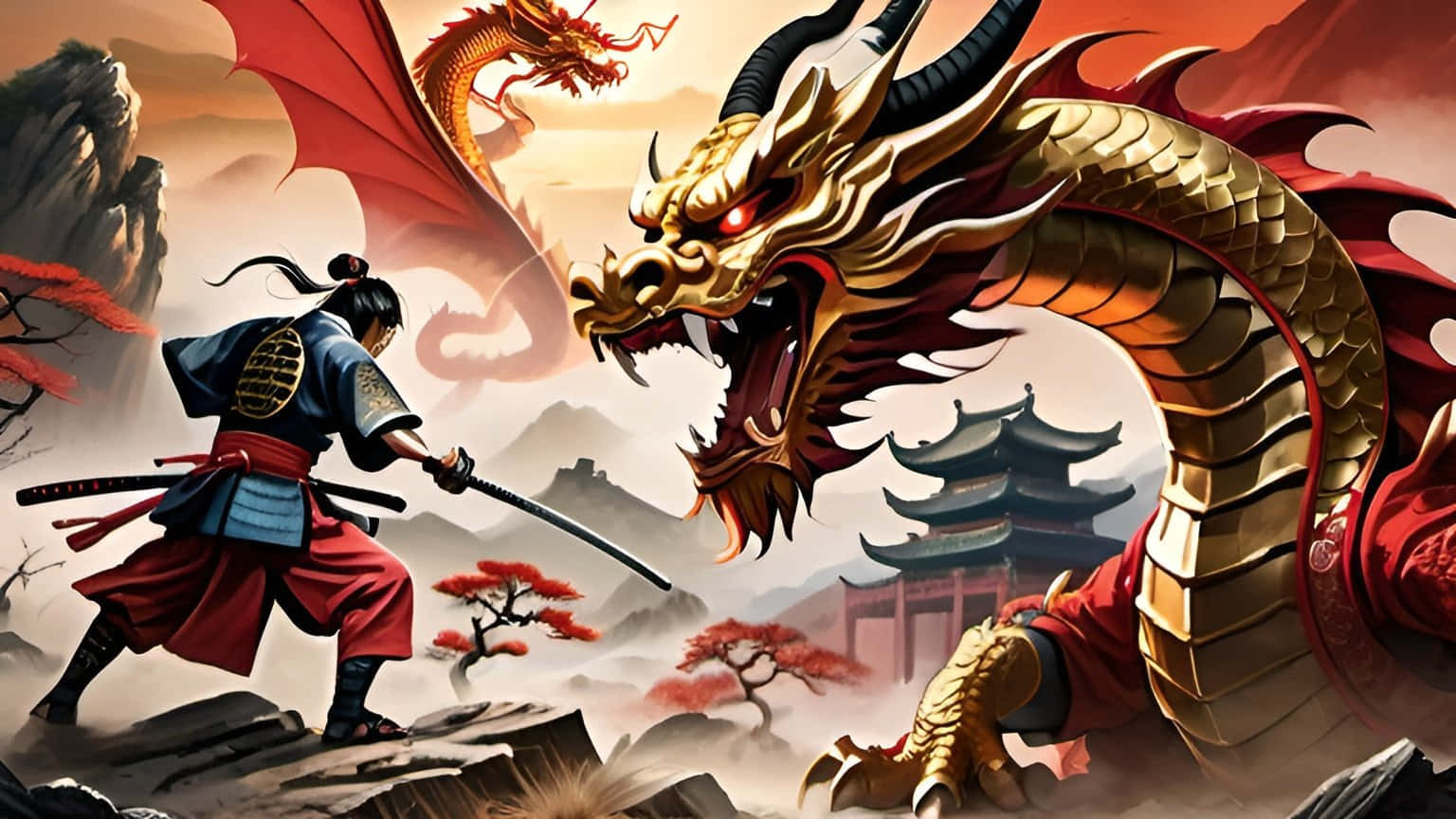  壁紙 — 一位身穿藍紅盔甲的武士戰士挑釁地站在岩石懸崖上，拔出劍，面對一隻巨大的金紅色龍，眼睛發光，背景是霧氣繚繞的山脈和傳統 pagodas。