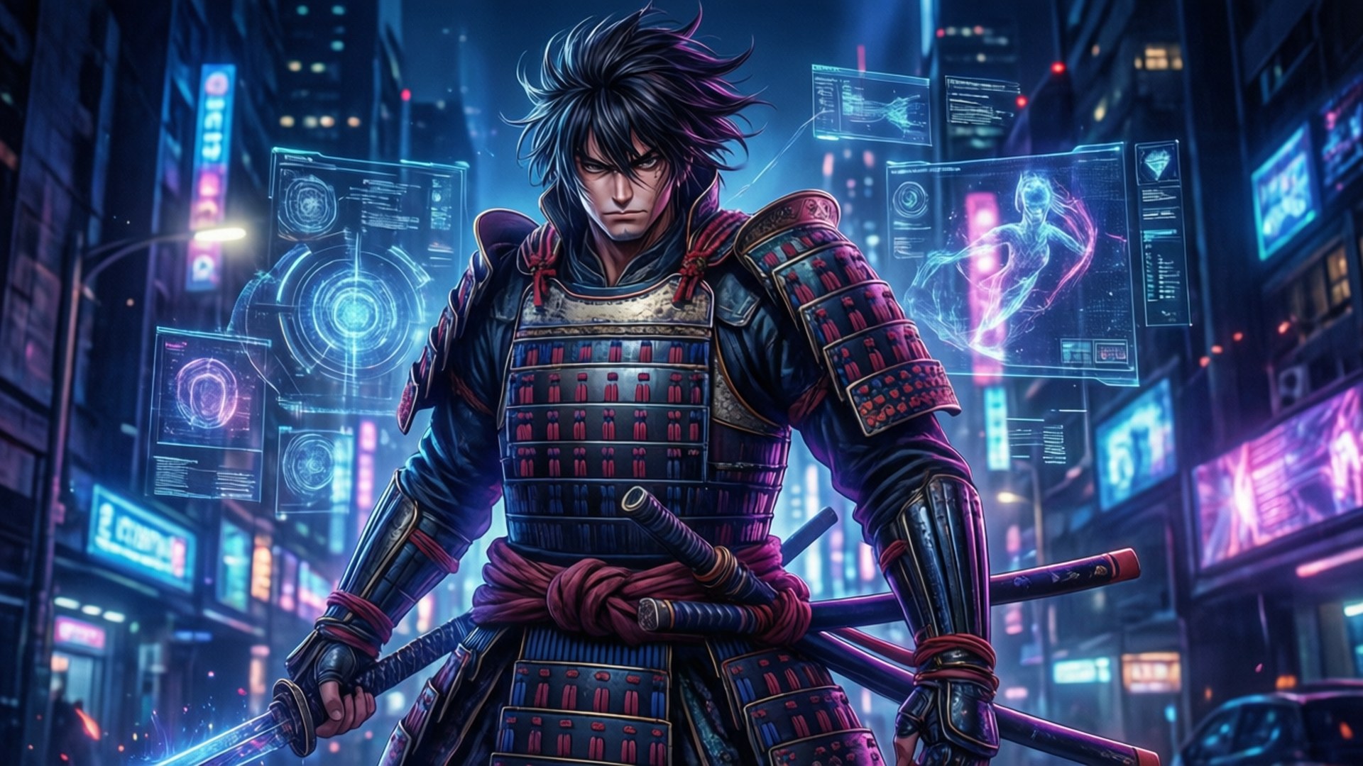 4K HD Anime PC 桌布 壁紙 — 一位身穿傳統盔甲的武士戰士站在霓虹燈照亮的賽博龐克城市景觀中，揮舞著一把發光的劍。