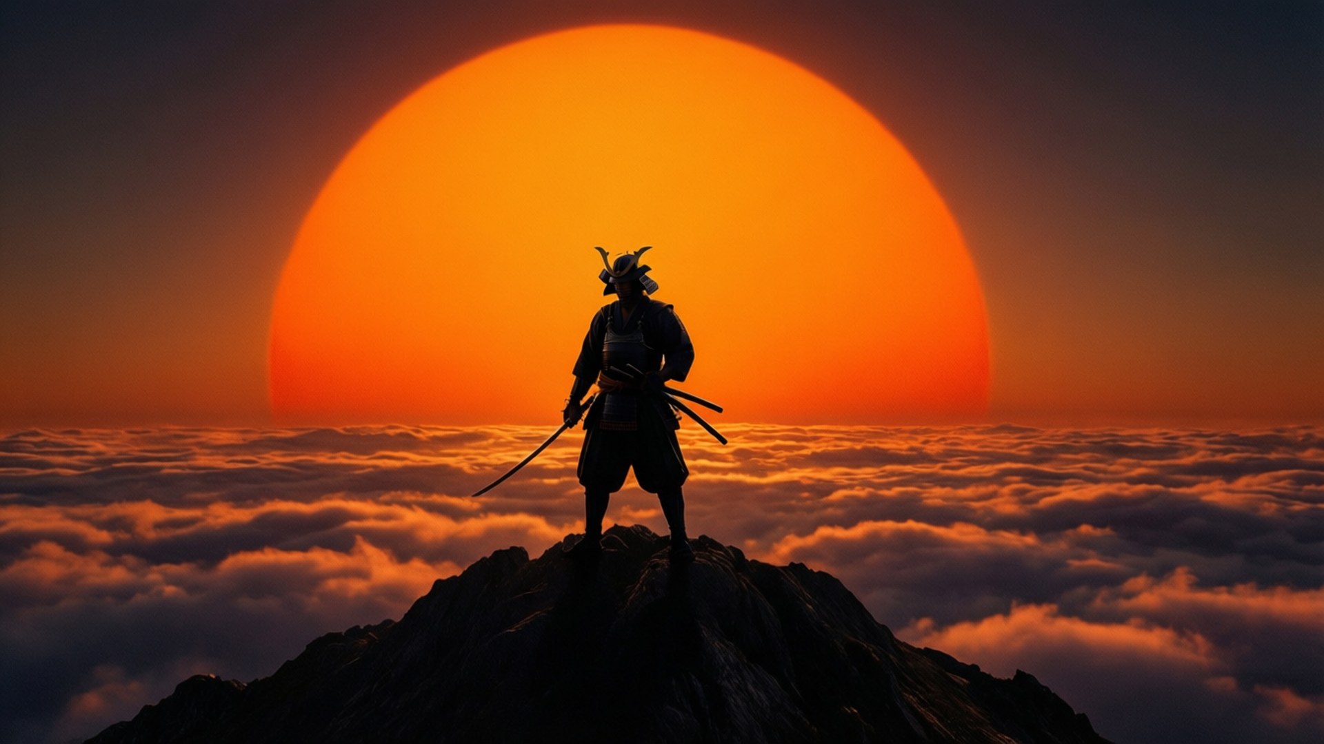 Ronin 桌布 壁紙 — 一名武士戰士站在雲海之上的山頂剪影，身後一輪巨大的橙色夕陽正在落下。