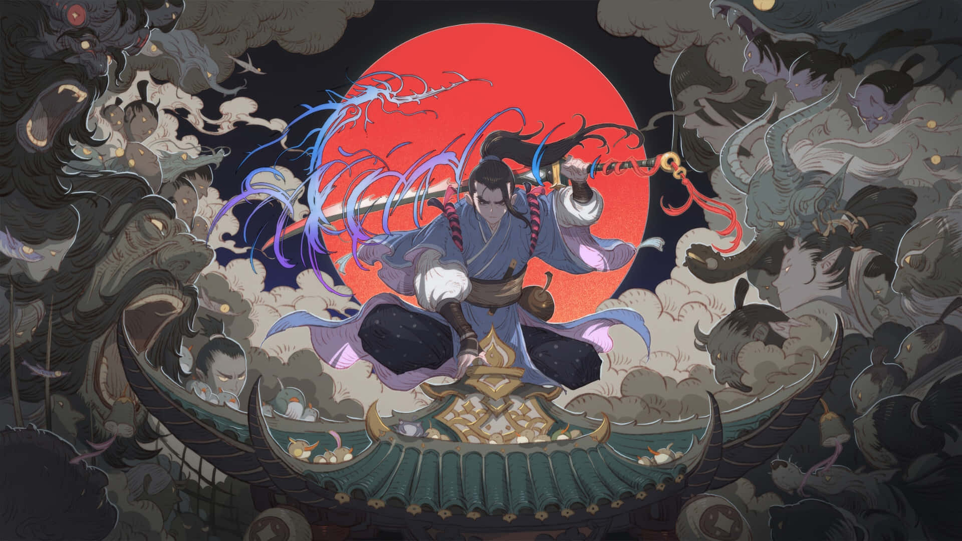  壁紙 — 一位武士戰士乘船穿越風暴雲層，揮舞著發光的劍對抗巨大的紅色太陽。