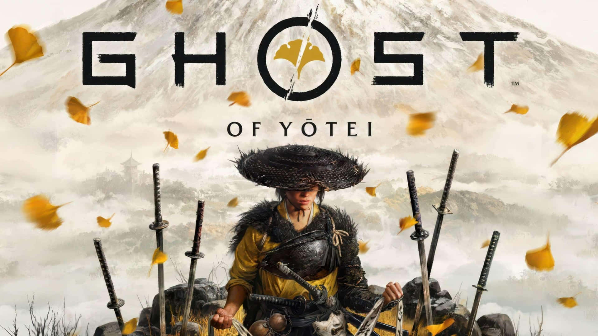  壁紙 — 一位戴著寬邊帽的武士，被刀劍環繞，站在雪山背景下，秋葉飄落。