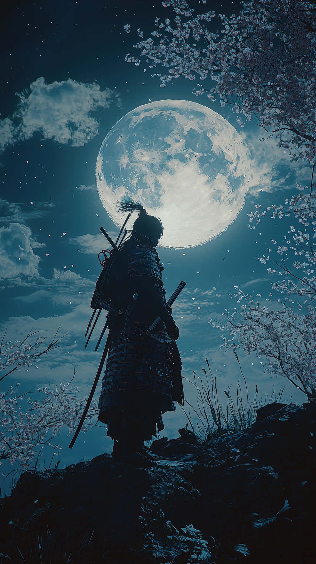 穿著暗色盔甲的武士戰士站在滿月下，夜空中有櫻花。