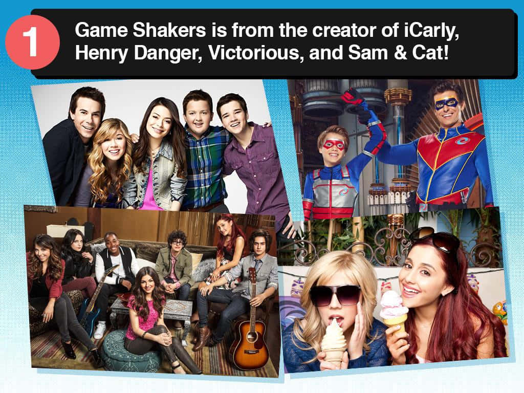 Game Shakers 演員在攝影棚中拿著雪糕和結他擺姿勢。