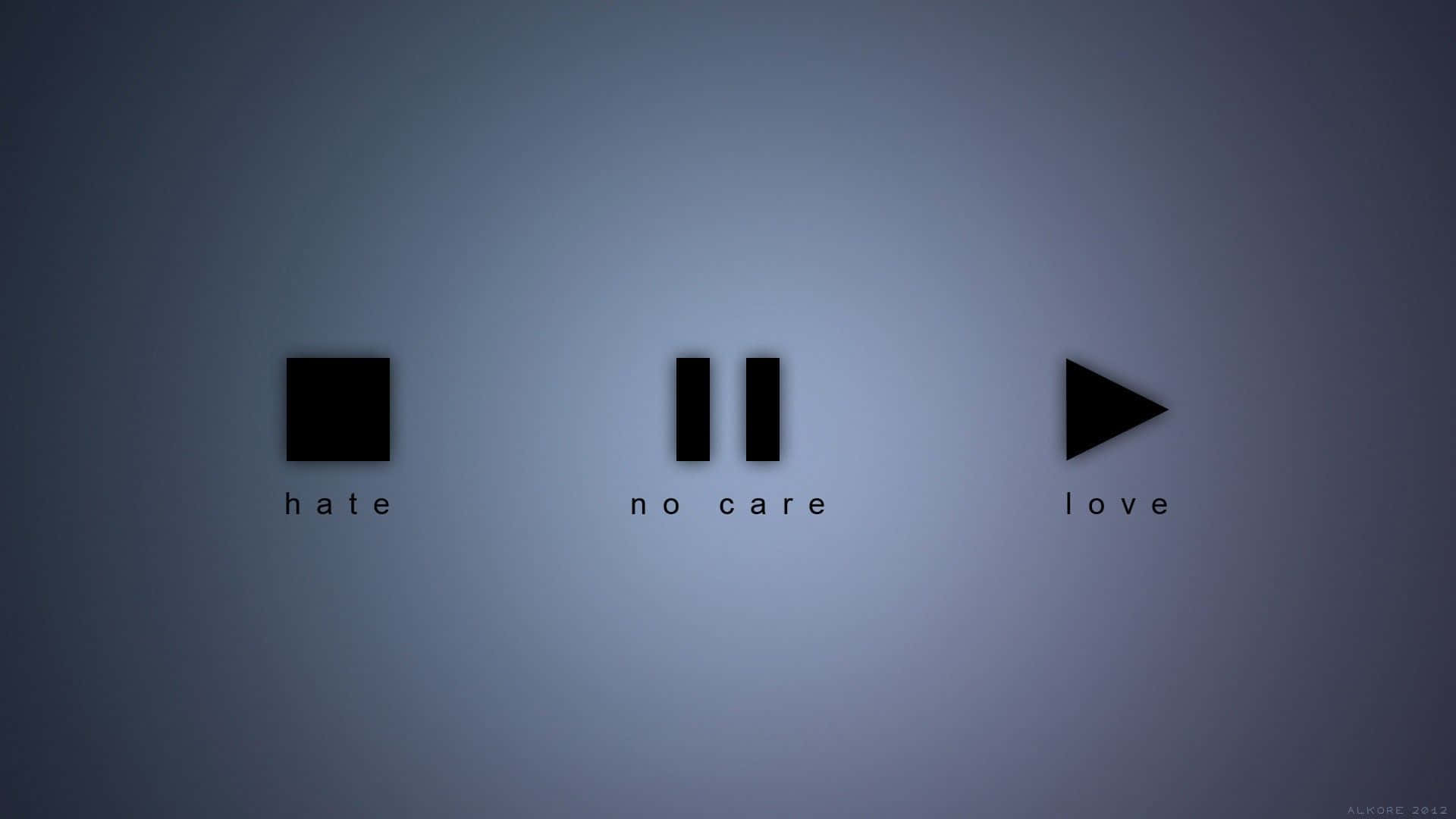 三個媒體圖標，標有 hate no care love，位於藍色漸變背景上。