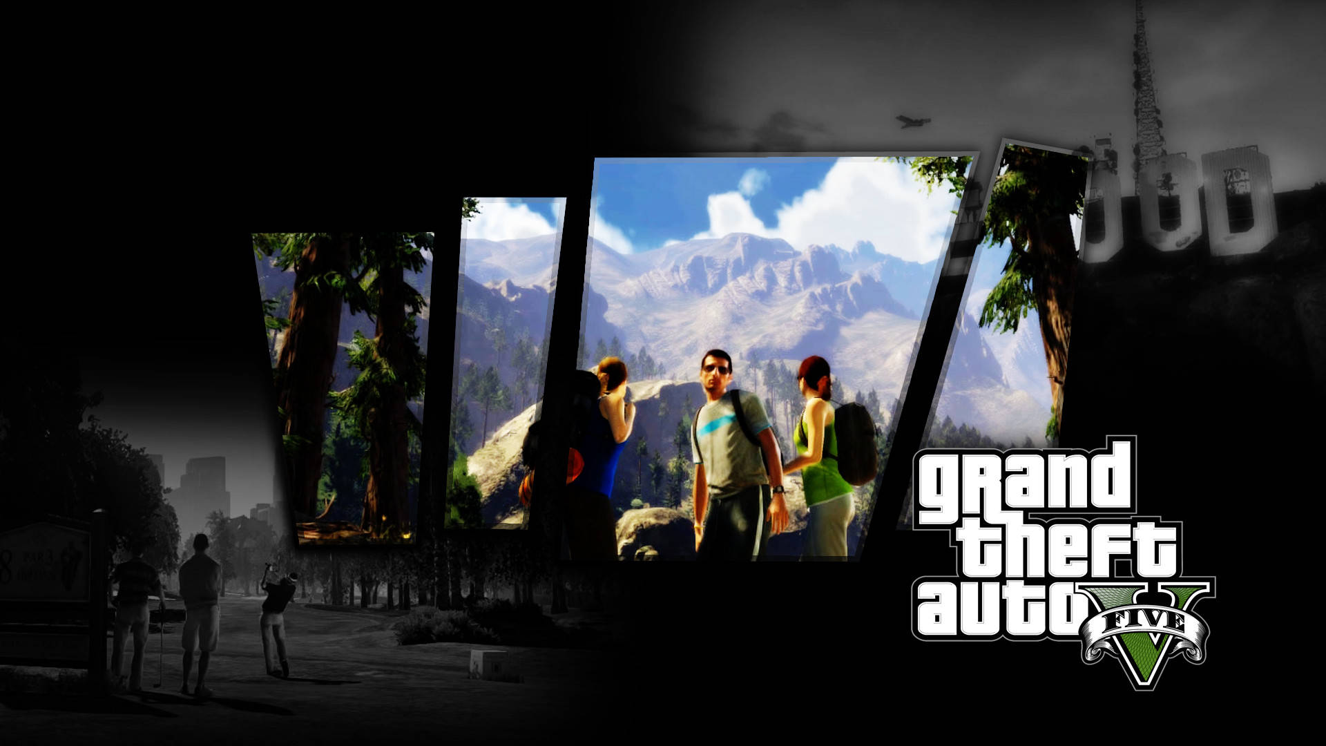 GTA V角色在一個由破碎屏幕框住的山景中，背景是城市景觀。