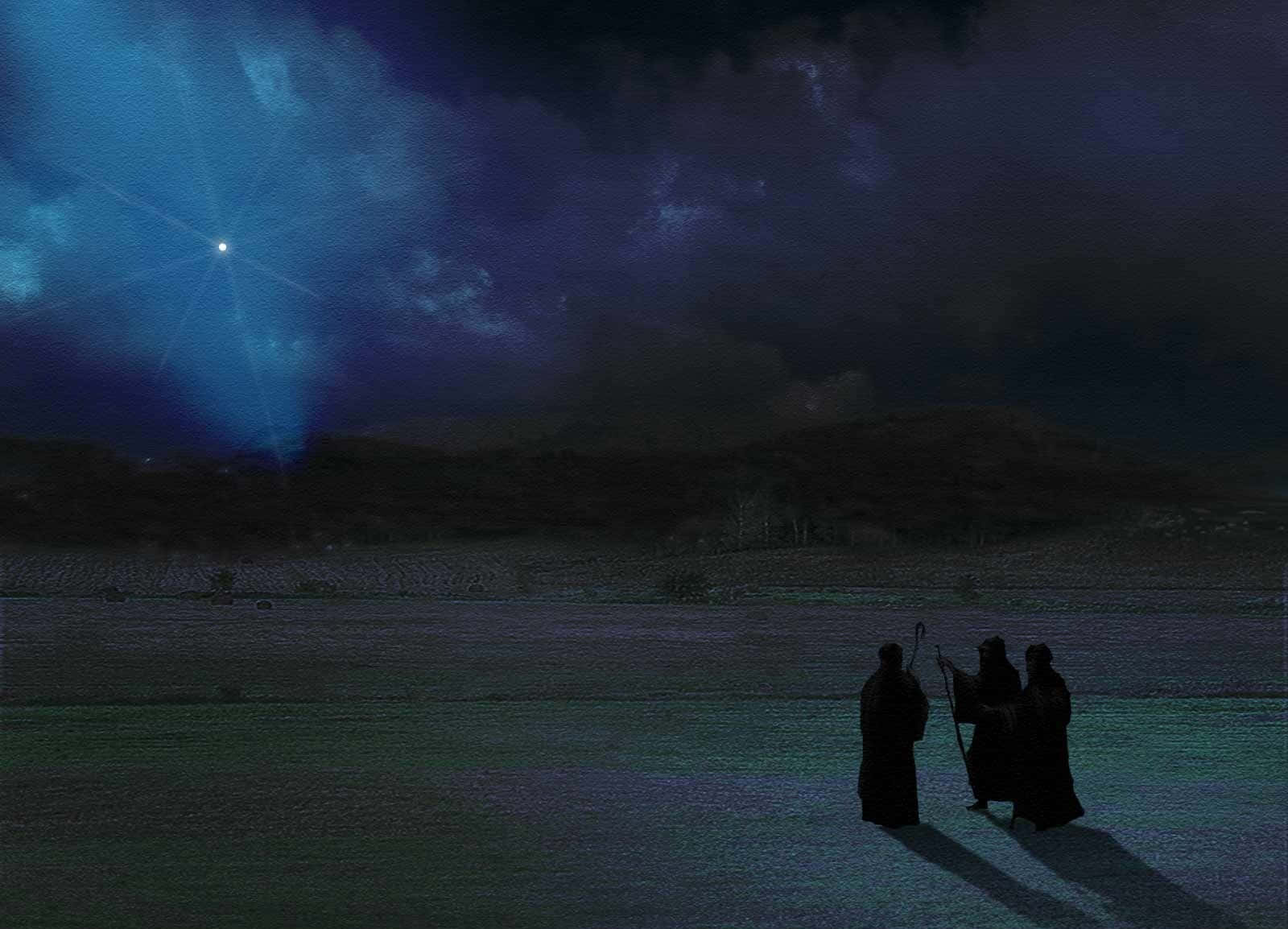 壁紙 — 三個身穿長袍的人物站在廣闊的田野中，頭上是戲劇性的夜空，被一顆耀眼的藍星照亮。