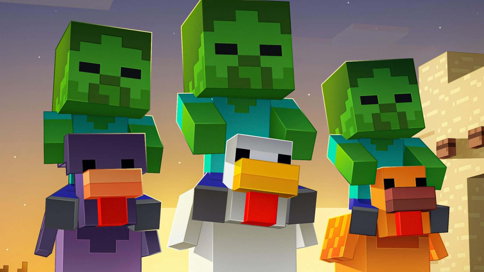 壁紙 — 三個像素化的 Minecraft 殭屍騎著色彩繽紛的鴨子，背景是暮色天空和方塊狀建築。