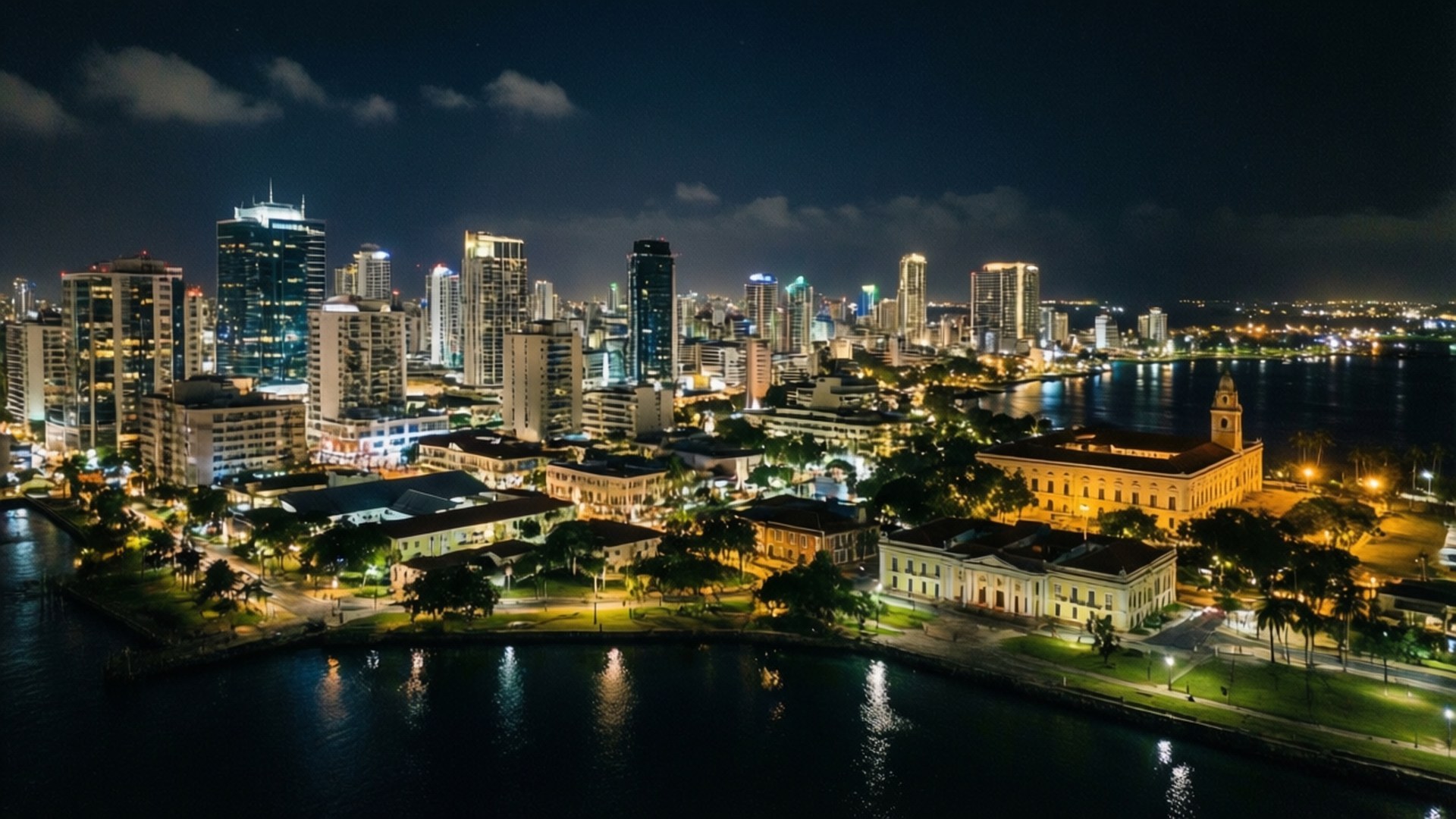 夜間沿海城市的鳥瞰圖，建築物燈光璀璨，水面倒影