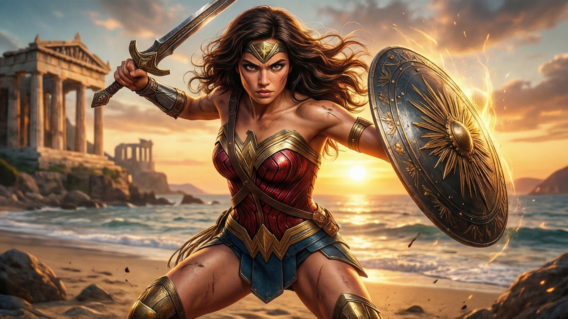 DC Animated Universe 桌布 壁紙 — 神奇女俠在日落時分，手持劍盾，挑釁地站在陽光明媚的海灘上，身後是古希臘遺跡。