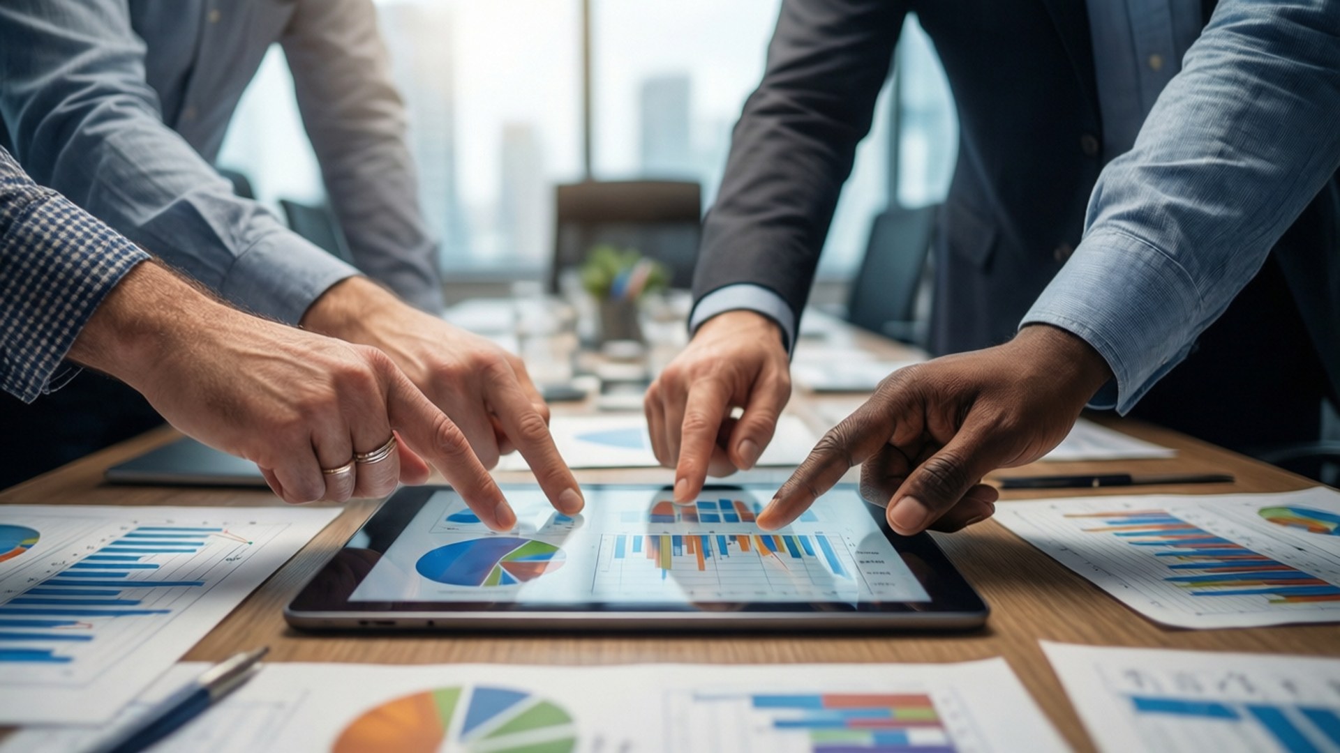 Business 桌布 壁紙 — 三位商業專業人士在現代辦公室協作會議期間，指著平板電腦上的彩色圖表。