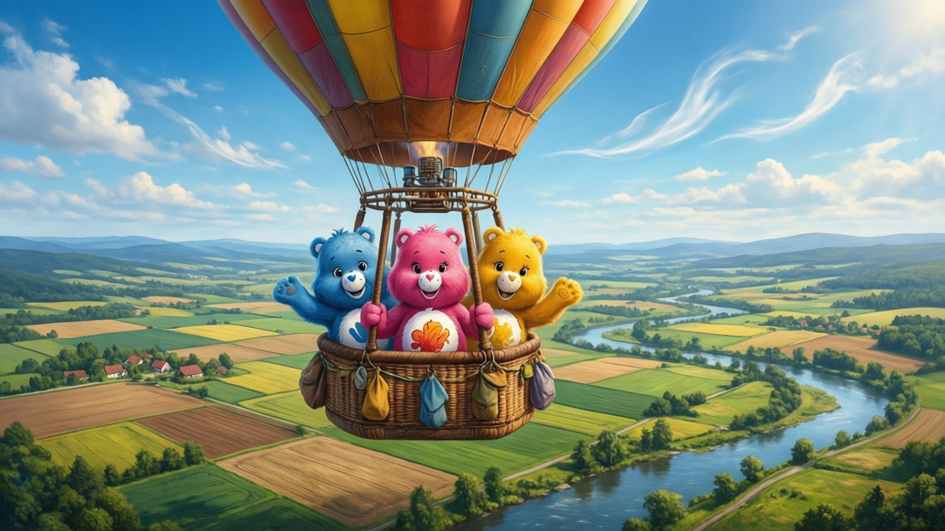 Care Bears 桌布 壁紙 — 三隻色彩繽紛的Care Bears在彩虹條紋的熱氣球上愉快地揮手，飛越蜿蜒的河流和拼布般的鄉村。