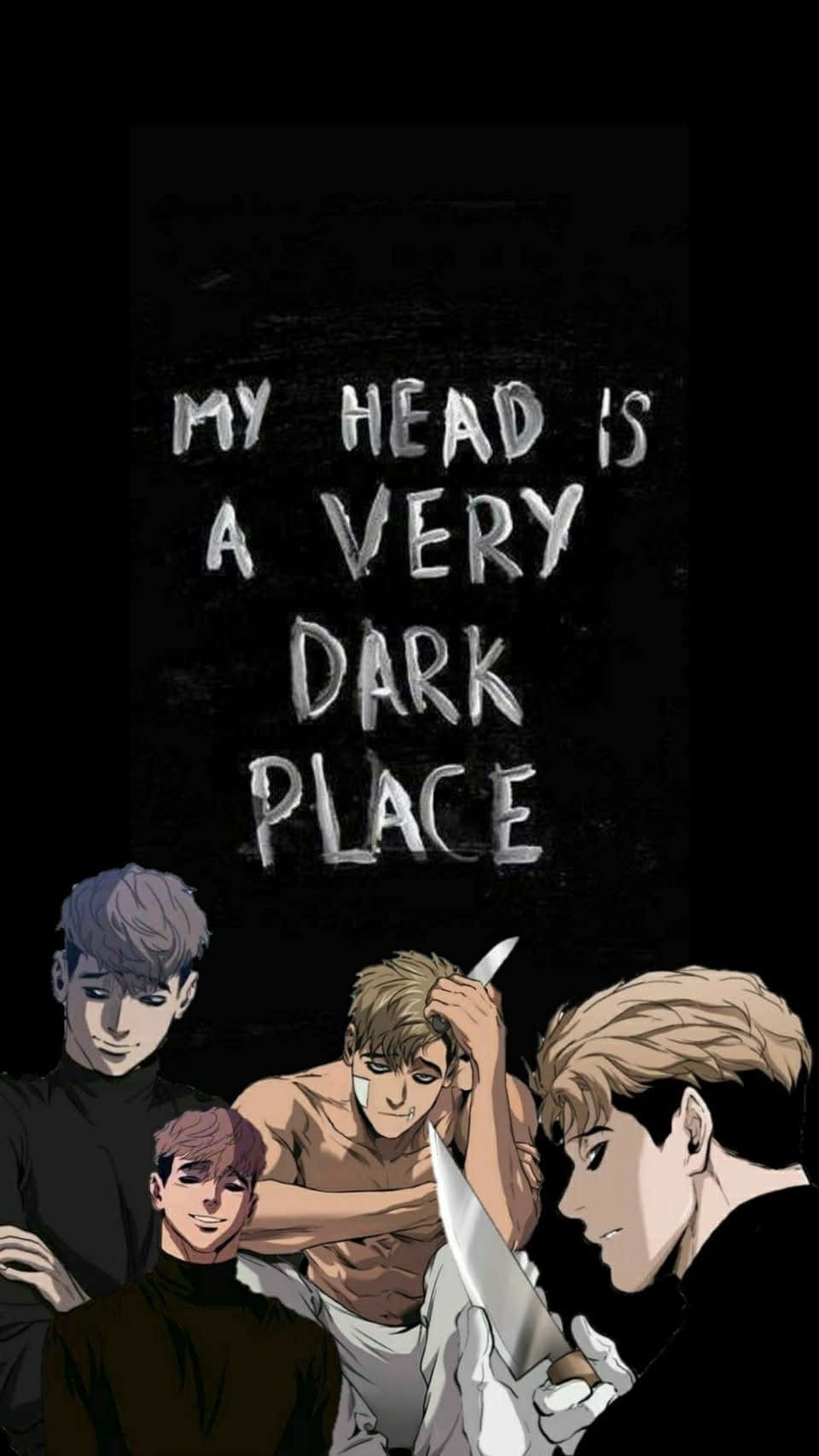 四個動畫男性，黑色背景上有文字「My Head Is A Very Dark Place」。