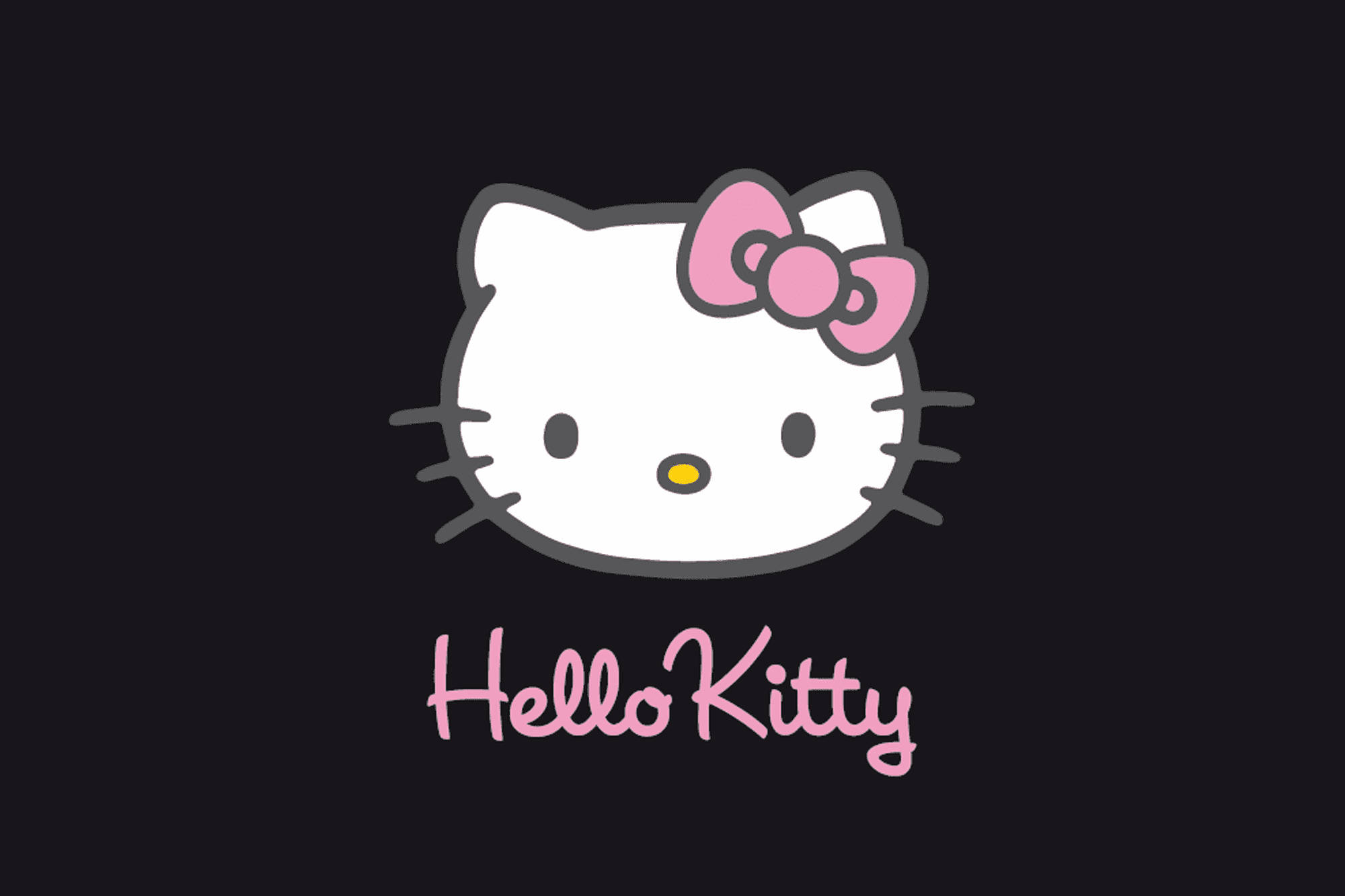 Sanrio 桌面 Hello Kitty 粉紅字樣壁紙 壁紙 — 一隻白色卡通貓，戴著粉紅色蝴蝶結和黃色鼻子，居中在黑色背景上，下方有粉紅色草書文字。