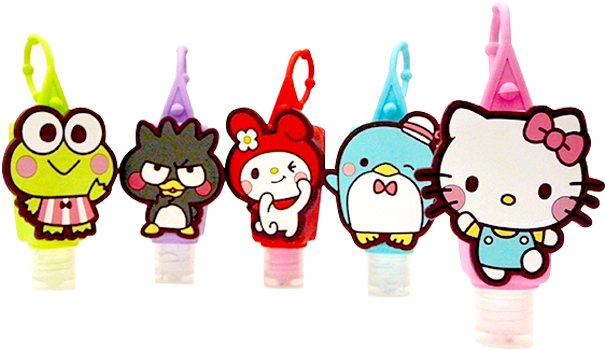 Sanrio 角色 Pez 機器收藏 壁紙 — 五個色彩繽紛的卡通角色暖手器排成一排，背景為黑色。