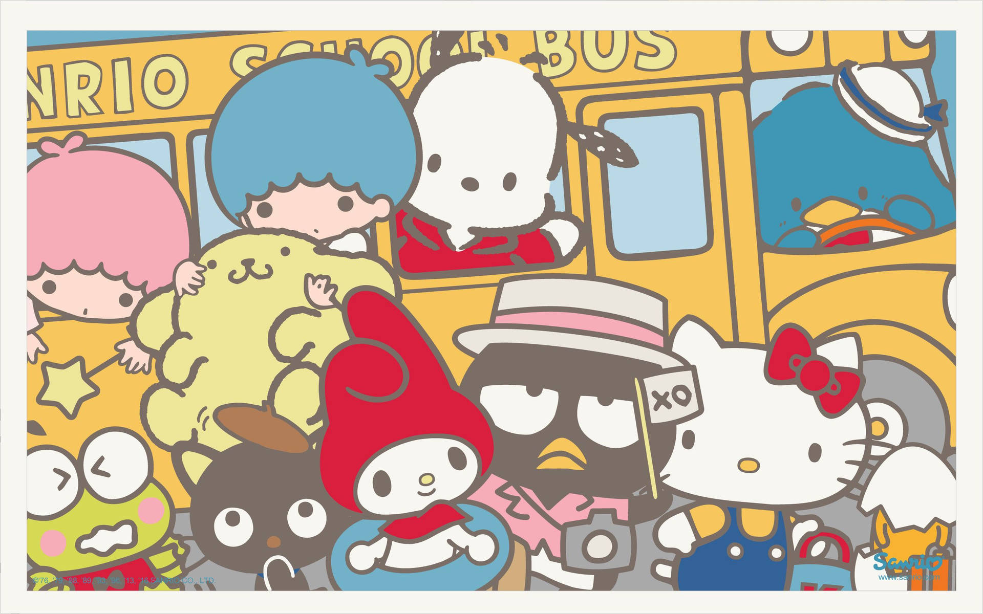 Hello Kitty 與朋友搭乘 Sanrio 校車的壁紙